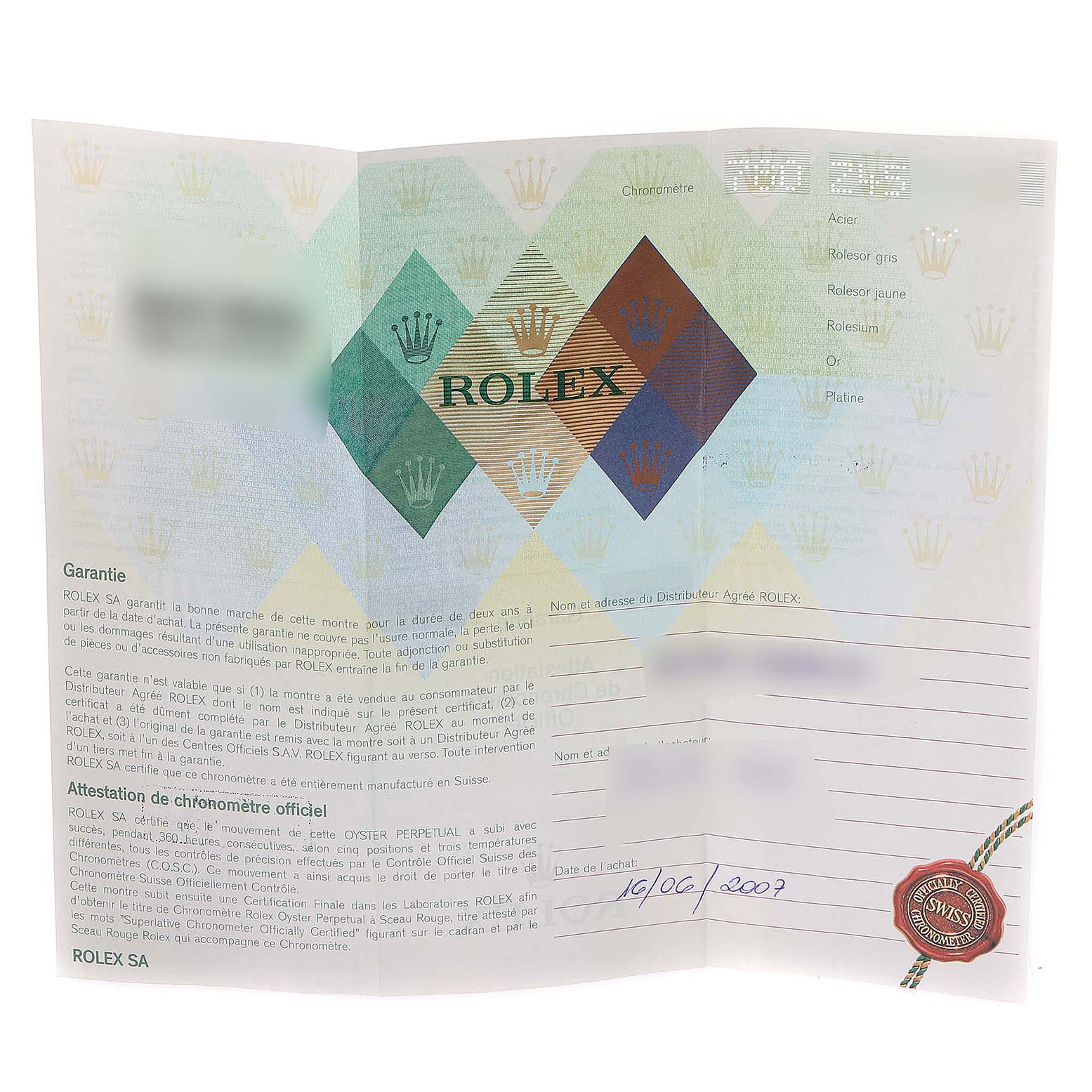 This image shows a warranty certificate for the Rolex Submariner 16610 Men
s Stainless Steel Black Dial 16610 Men
s Stainless Steel Black Dial watch, featuring the brand
s name and logo.