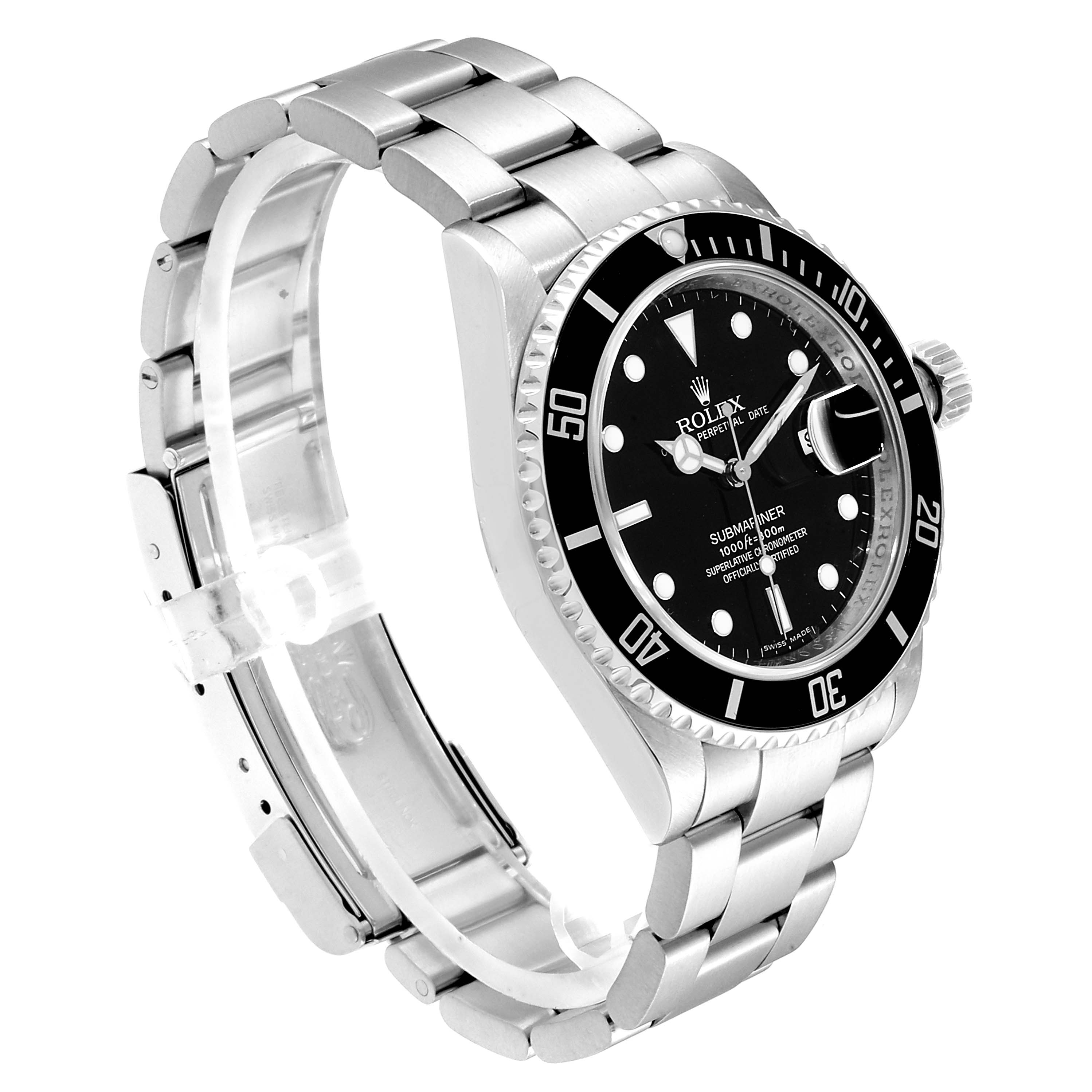 The image shows a side angle of a Rolex Submariner 16610 Men
s Stainless Steel Black Dial 16610 Men
s Stainless Steel Black Dial watch, highlighting its bracelet, case, bezel, and crown.