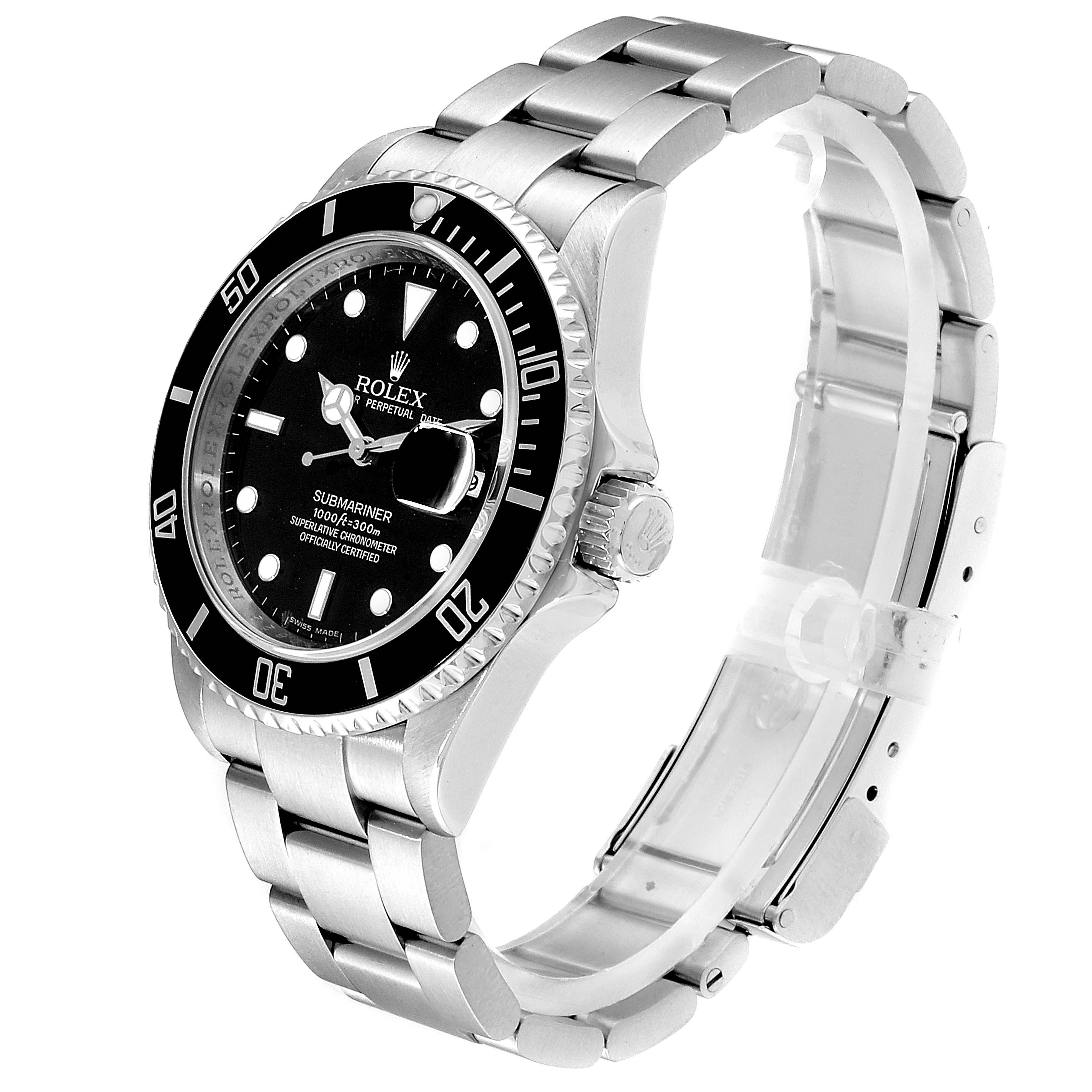 The image shows a side angle of a Rolex Submariner 16610 Men
s Stainless Steel Black Dial 16610 Men
s Stainless Steel Black Dial watch, highlighting its band, bezel, crown, and dial.