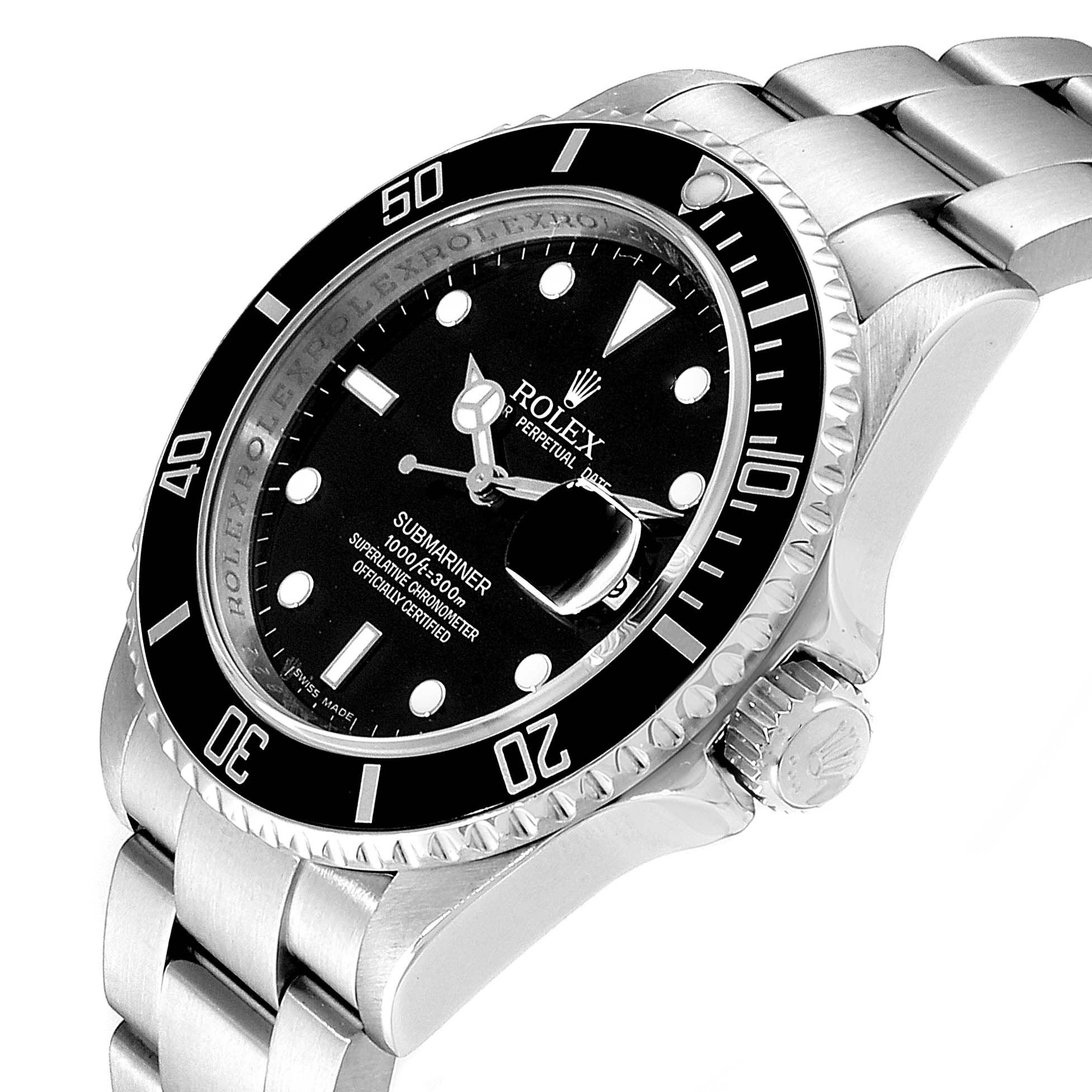 This image shows a Rolex Submariner 16610 Men
s Stainless Steel Black Dial 16610 Men
s Stainless Steel Black Dial watch at a slight angle, highlighting the dial, bezel, crown, and metal bracelet.