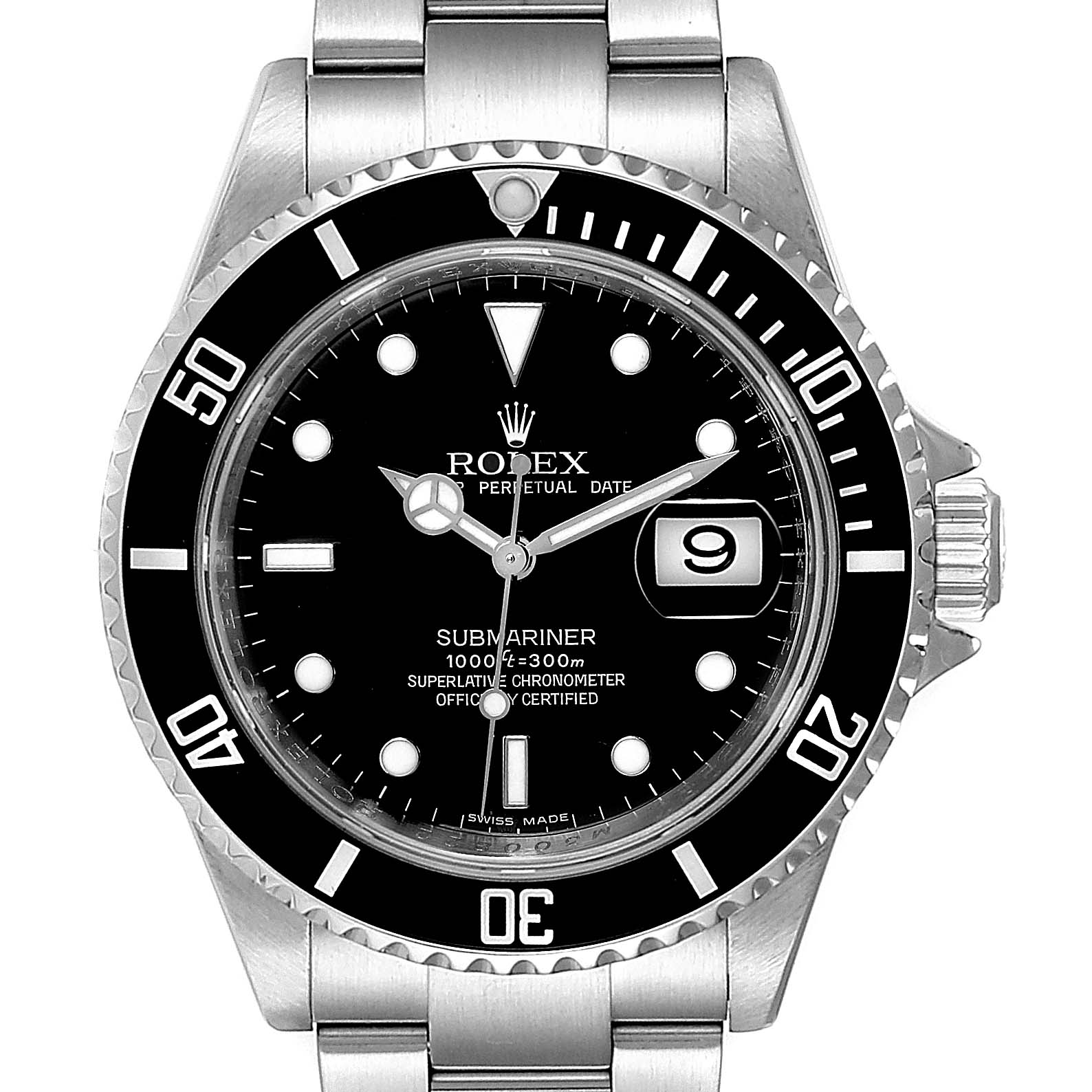 This image shows a front view of a Rolex Submariner 16610 Men
s Stainless Steel Black Dial 16610 Men
s Stainless Steel Black Dial watch, highlighting the face, bezel, dial, and bracelet.
