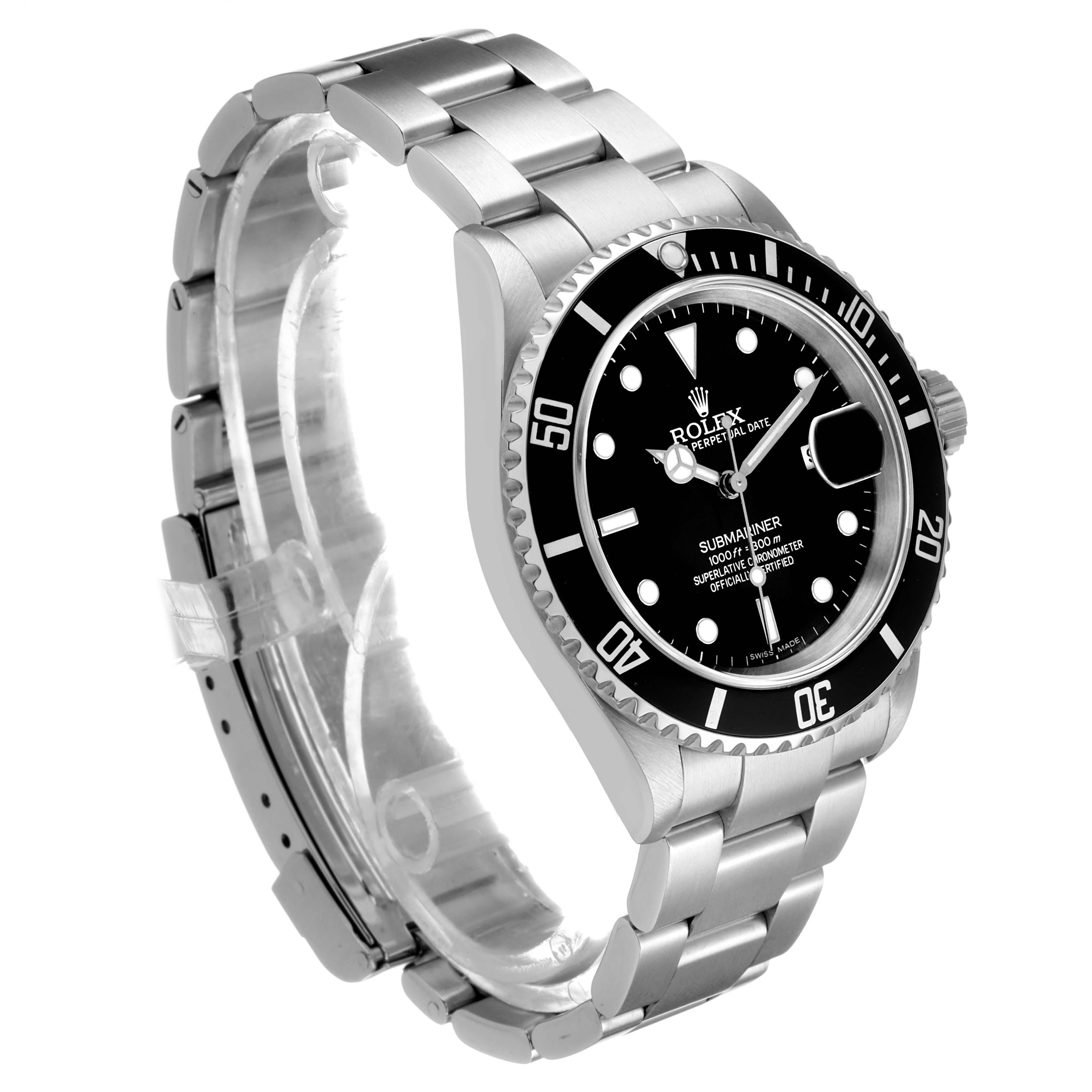 The Rolex Submariner 16610 Men's Stainless Steel Black Dial watch is shown at a side angle, displaying its bezel, dial, and stainless steel bracelet.
