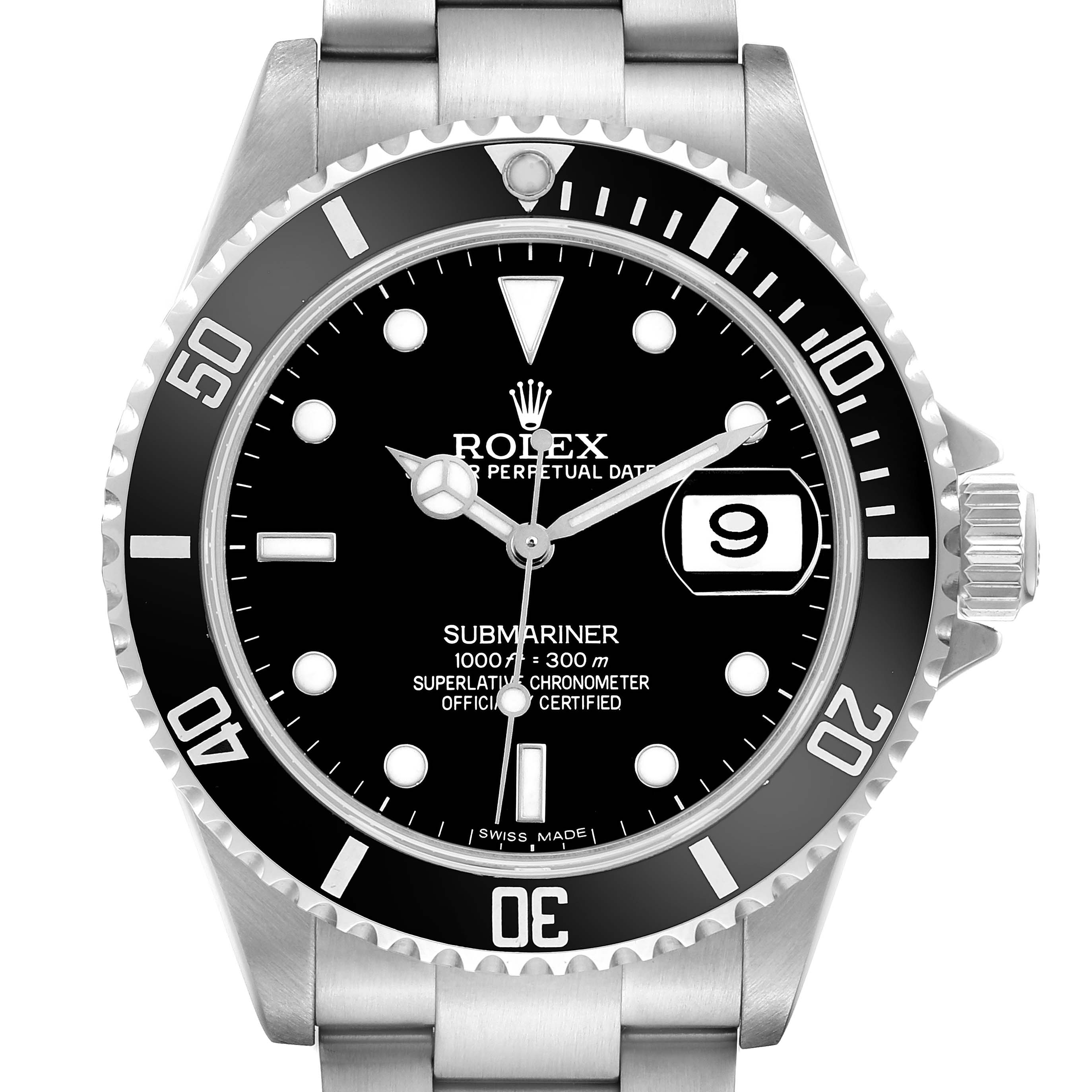 The Rolex Submariner 16610 Men's Stainless Steel Black Dial watch is shown from a straight-on angle, highlighting the dial, bezel, and crown.