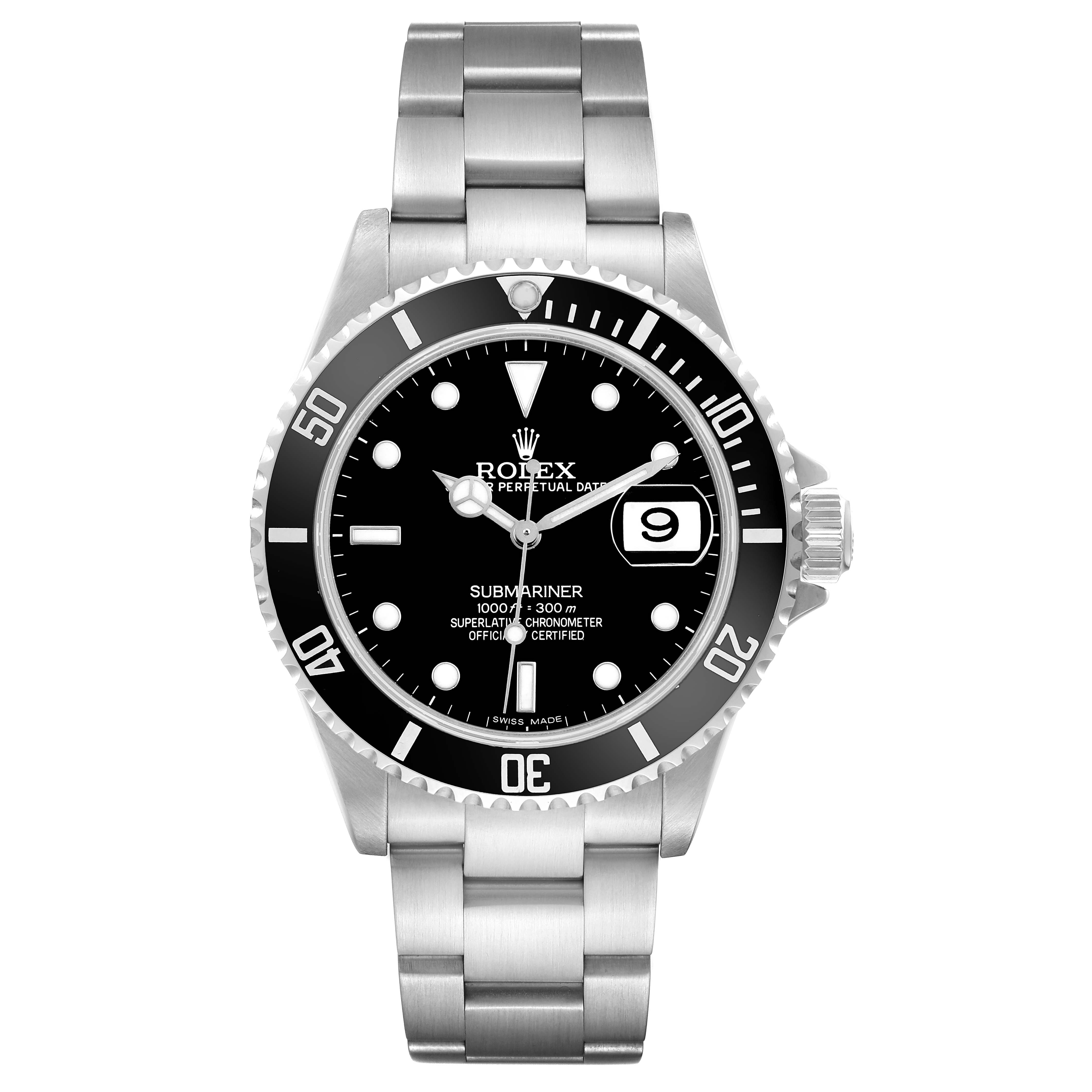 The Rolex Submariner 16610 Men's Stainless Steel Black Dial watch is shown from the front, displaying its face, bezel, crown, and bracelet.