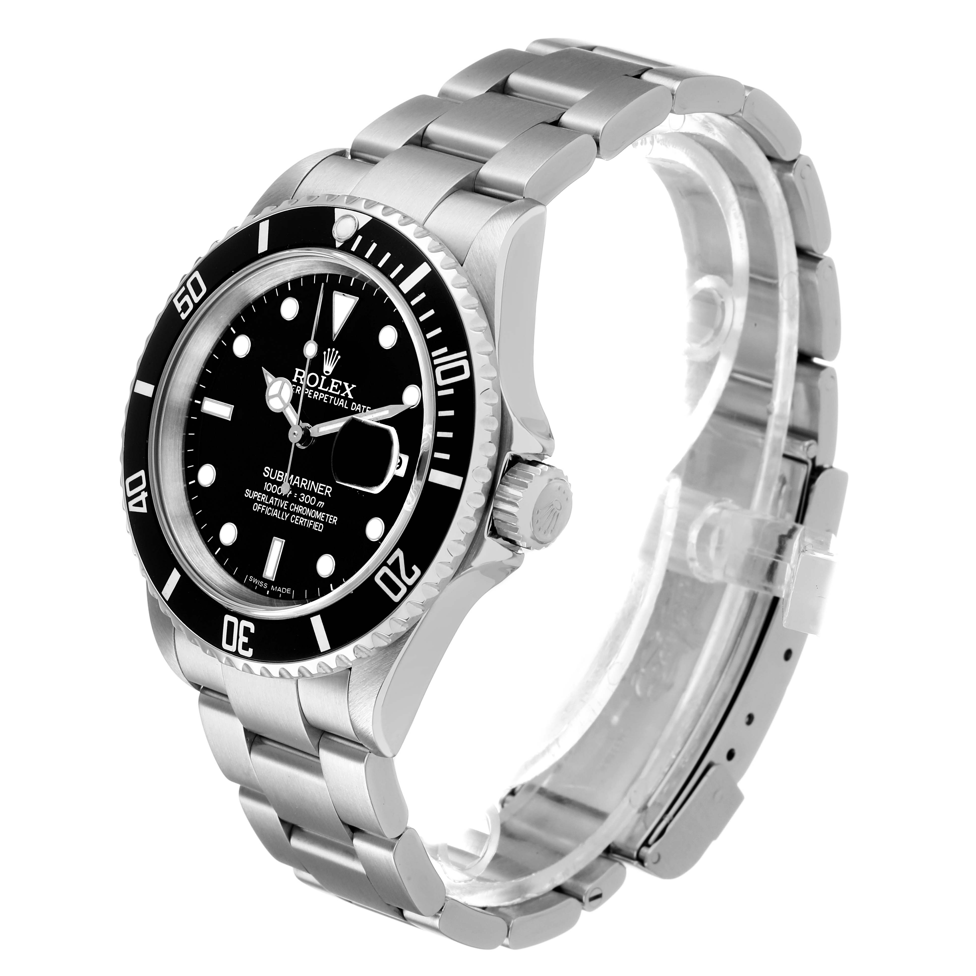 The Rolex Submariner 16610 Men's Stainless Steel Black Dial watch is shown at a side angle, displaying the bezel, dial, crown, and bracelet.