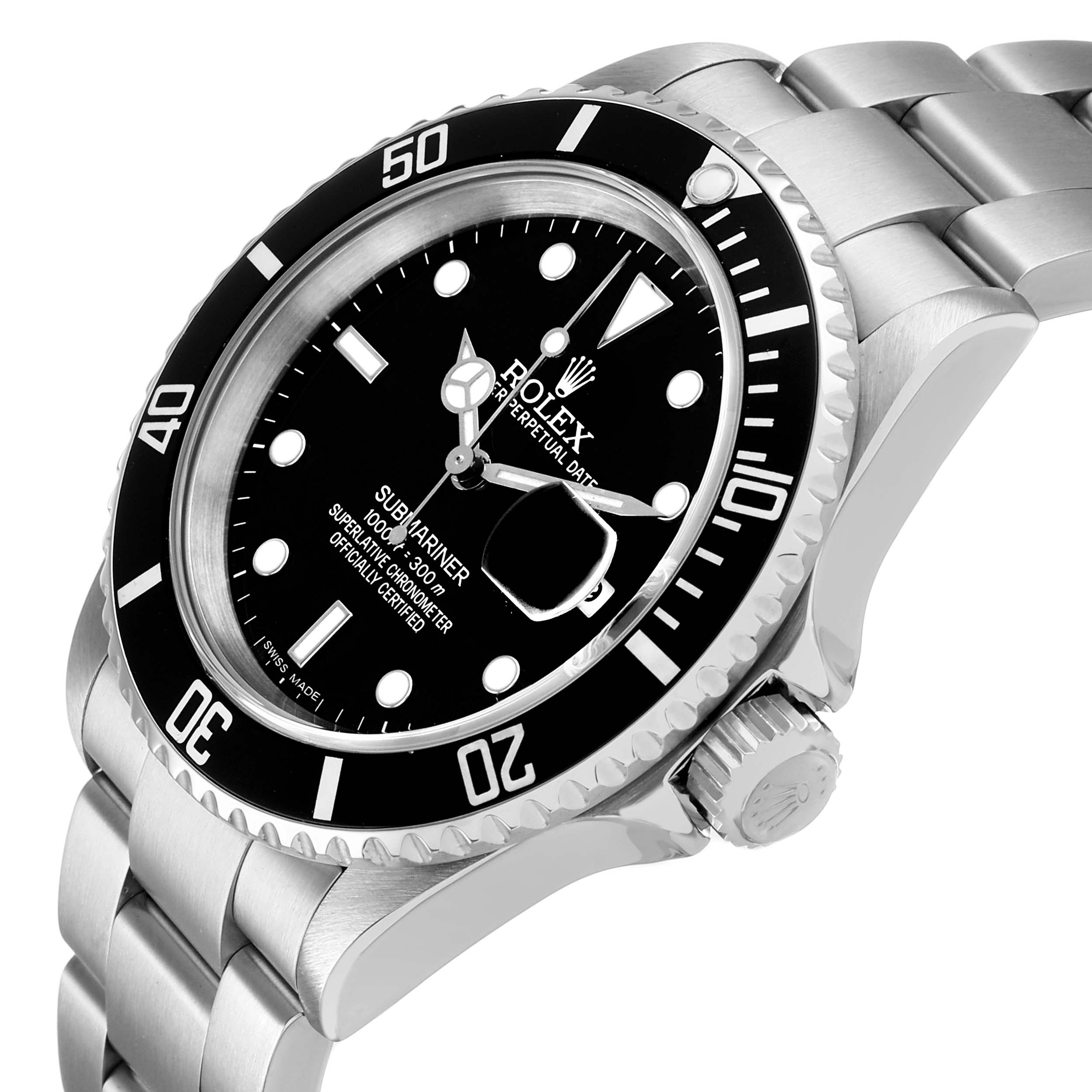 The Rolex Submariner 16610 Men's Stainless Steel Black Dial is viewed at an angle showing the bezel, dial, crown, and part of the bracelet.