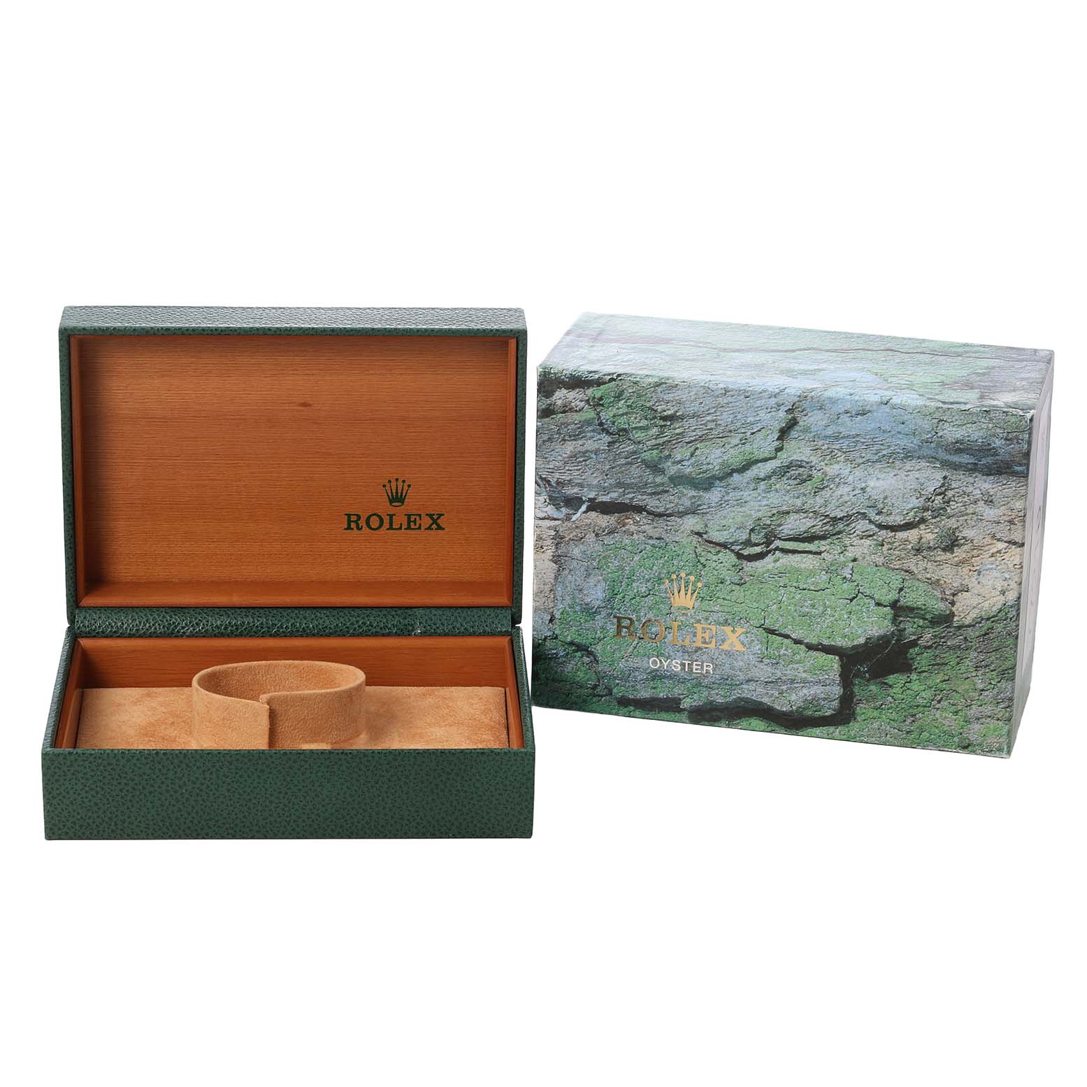 The image shows an open Rolex watch box for the Submariner model, with a textured outer box beside it.