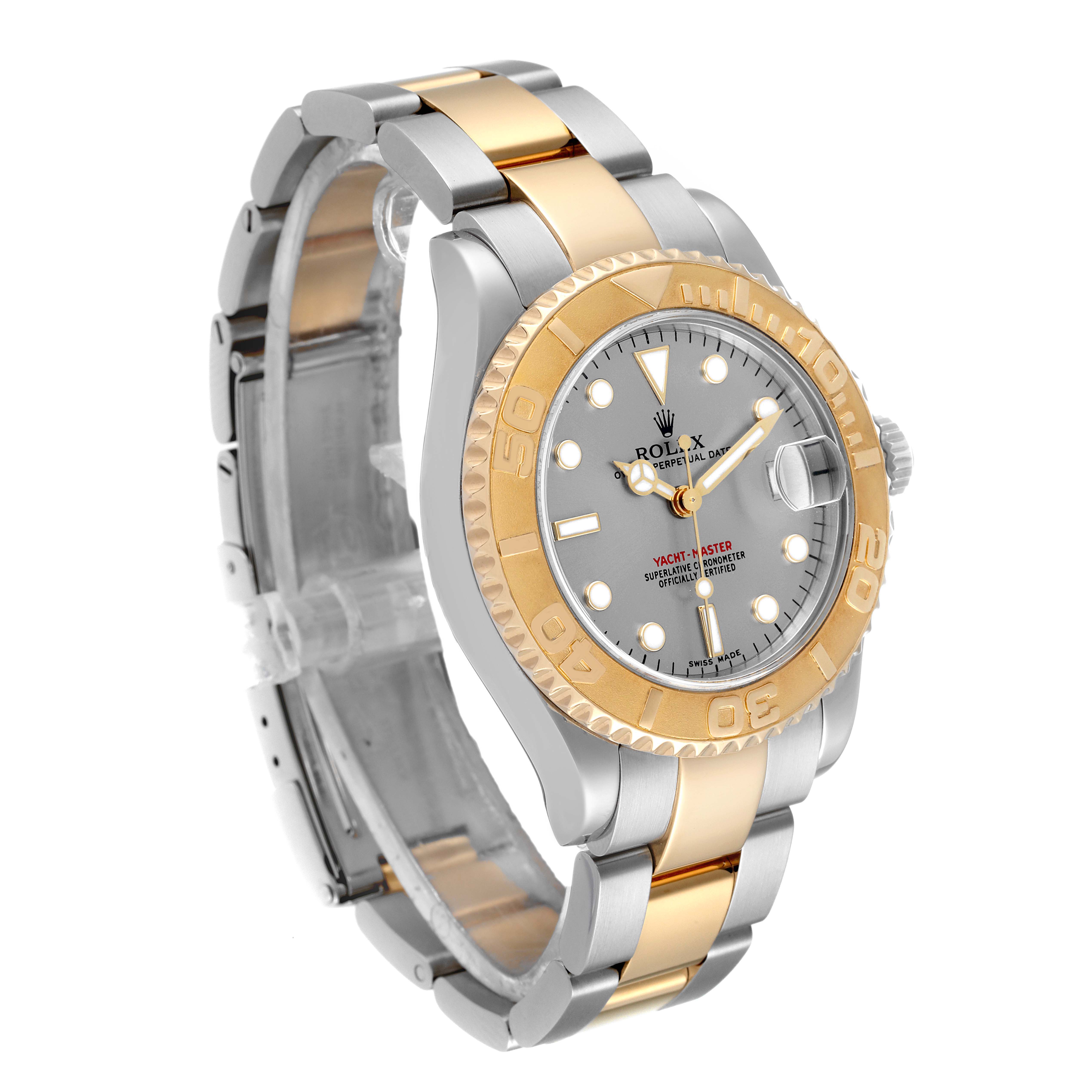 The Rolex Yacht-Master 168623 Men
s Steel and Gold (two tone) Grey Dial 168623 Men
s Steel and Gold (two tone) Grey Dial watch is shown from a front-left angle, highlighting its two-tone bracelet and bezel.
