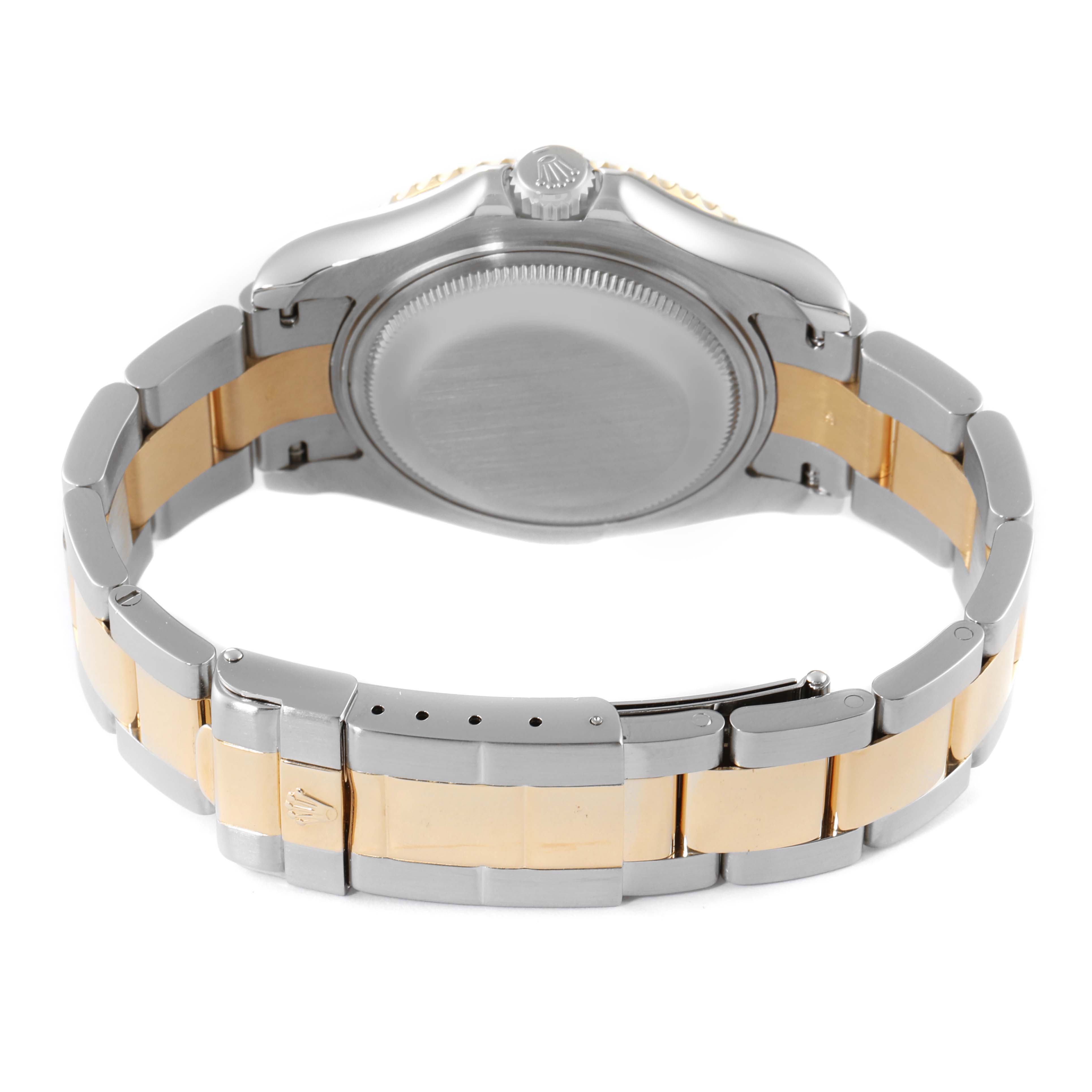 The image shows the back view and bracelet of a Rolex Yacht-Master 168623 Men
s Steel and Gold (two tone) Grey Dial 168623 Men
s Steel and Gold (two tone) Grey Dial watch.