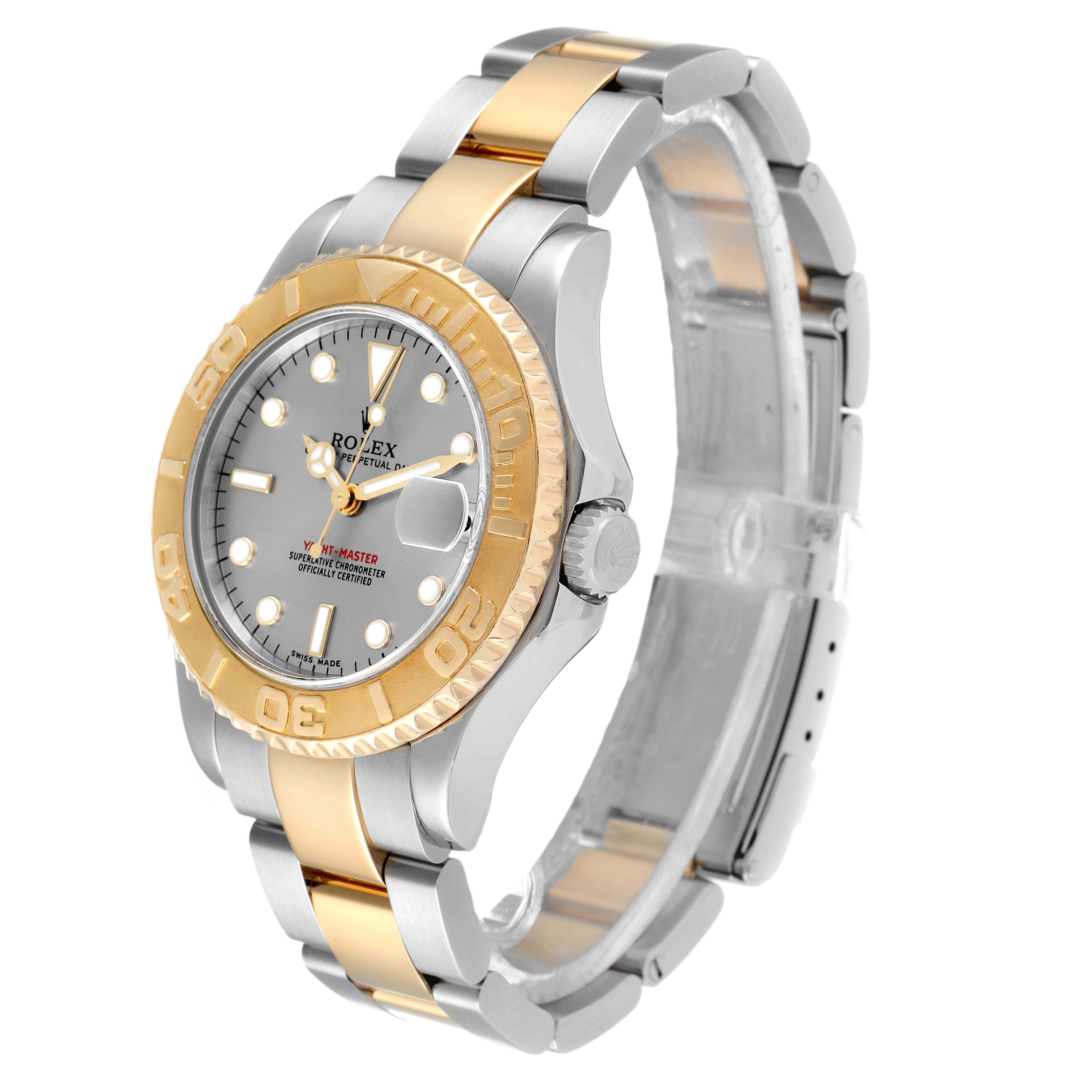 The Rolex Yacht-Master 168623 Men
s Steel and Gold (two tone) Grey Dial 168623 Men
s Steel and Gold (two tone) Grey Dial watch is shown at a slight angle, highlighting its dial, bezel, case, and bracelet.