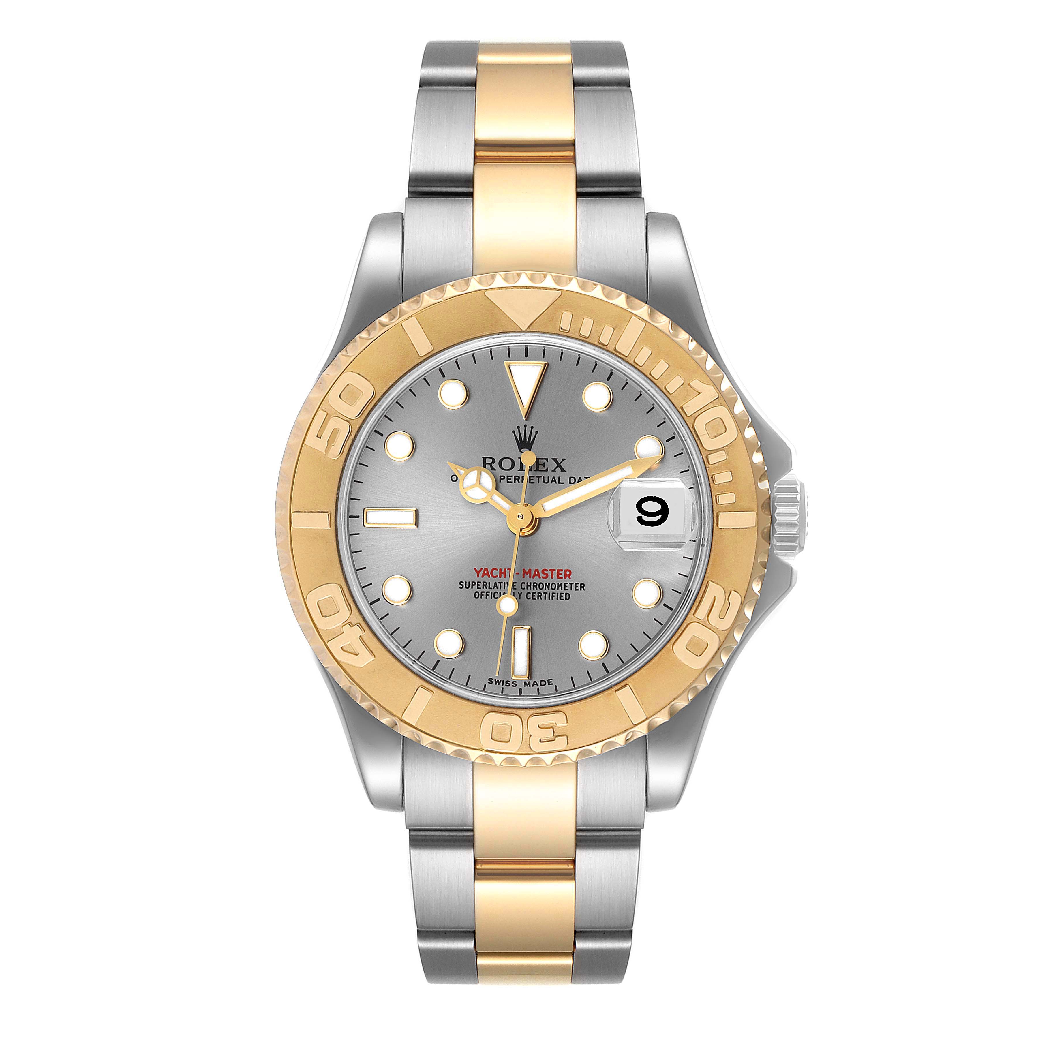 This image shows a front view of the Rolex Yacht-Master 168623 Men
s Steel and Gold (two tone) Grey Dial 168623 Men
s Steel and Gold (two tone) Grey Dial watch, displaying the dial, bezel, and bracelet.