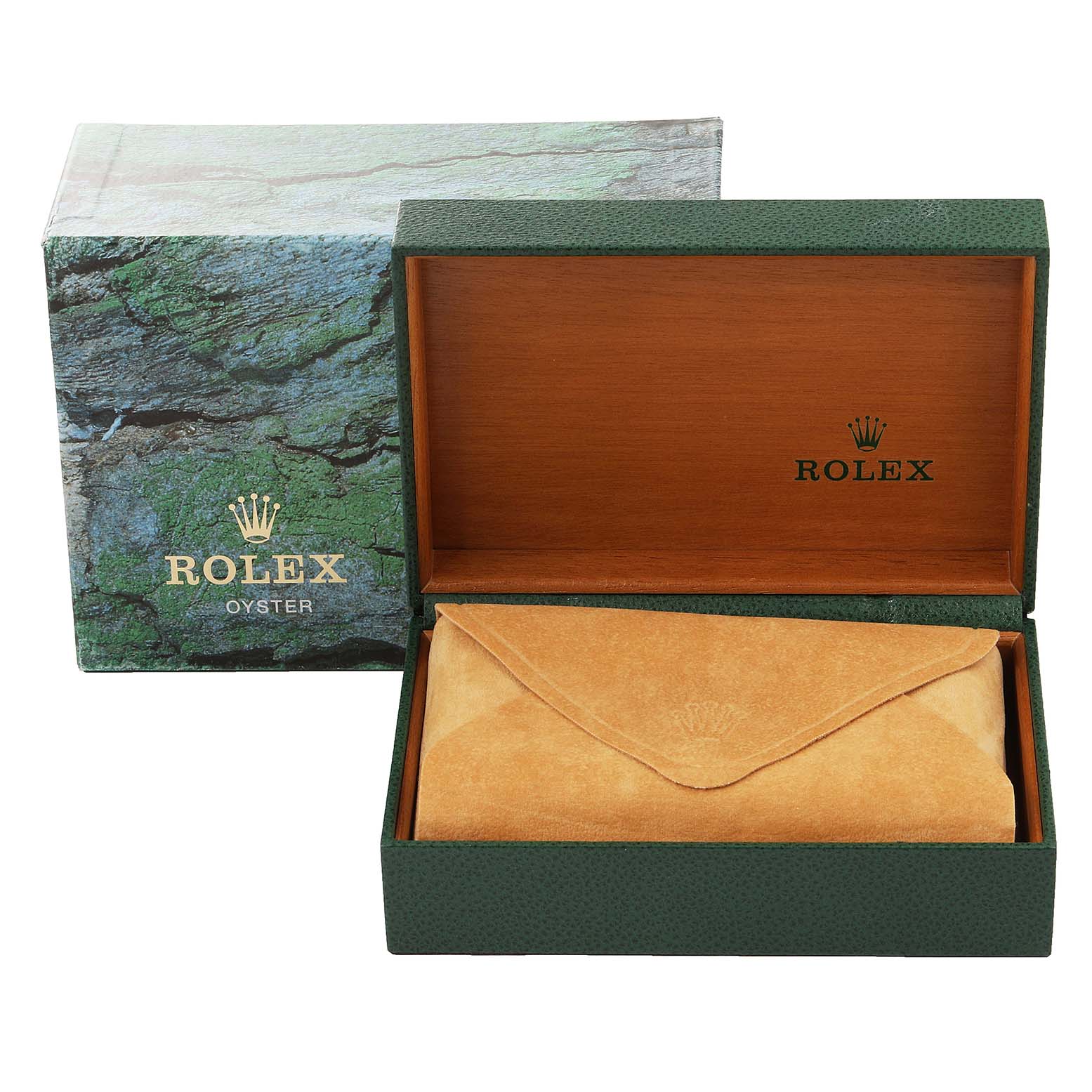 This image shows a Rolex Yacht-Master 168623 Men
s Steel and Gold (two tone) Grey Dial 168623 Men
s Steel and Gold (two tone) Grey Dial watch box, including an outer box, inner wooden box, and a suede pouch, all at a front angle.