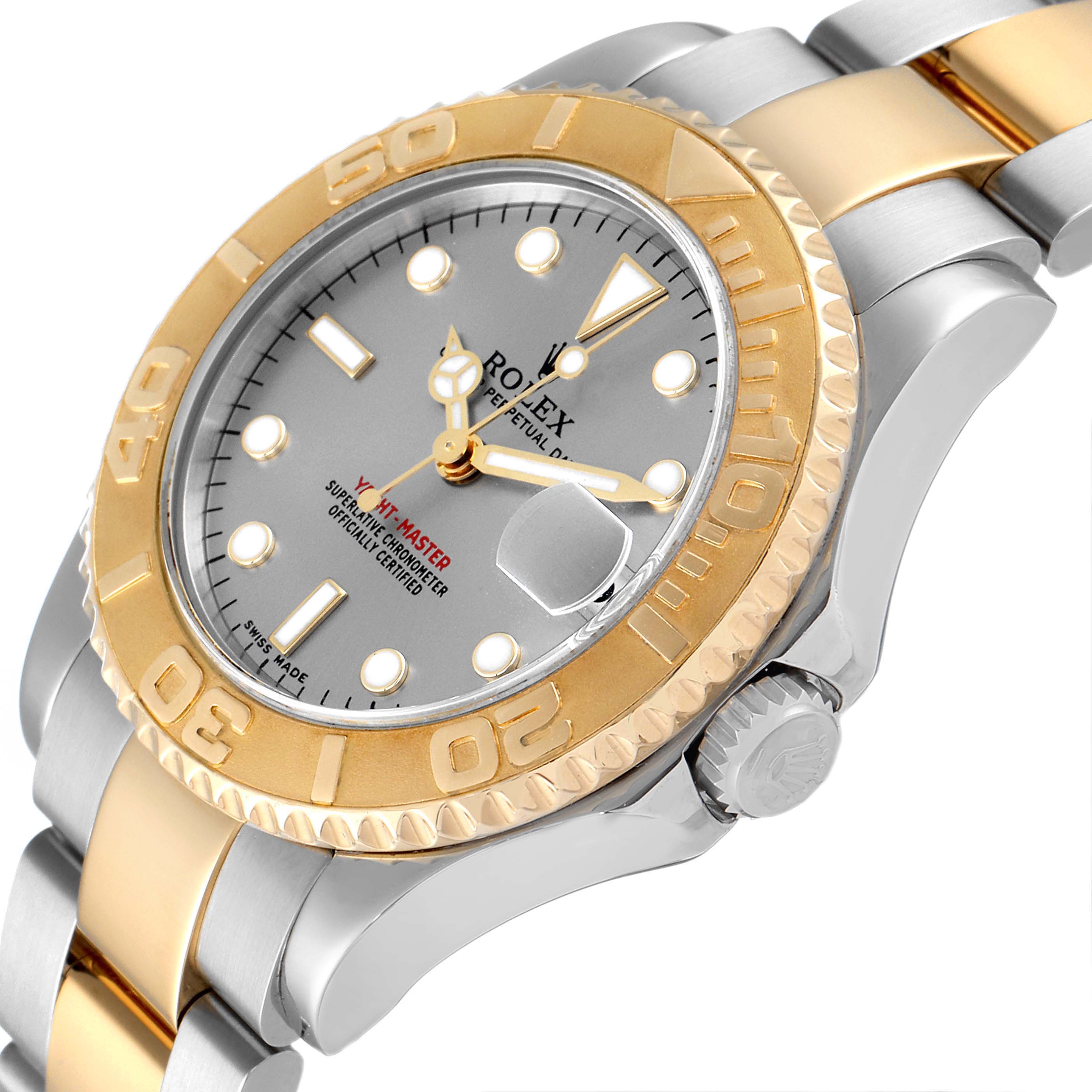 The image shows the Rolex Yacht-Master 168623 Men
s Steel and Gold (two tone) Grey Dial 168623 Men
s Steel and Gold (two tone) Grey Dial watch at an angle highlighting the bezel, dial, and part of the bracelet.