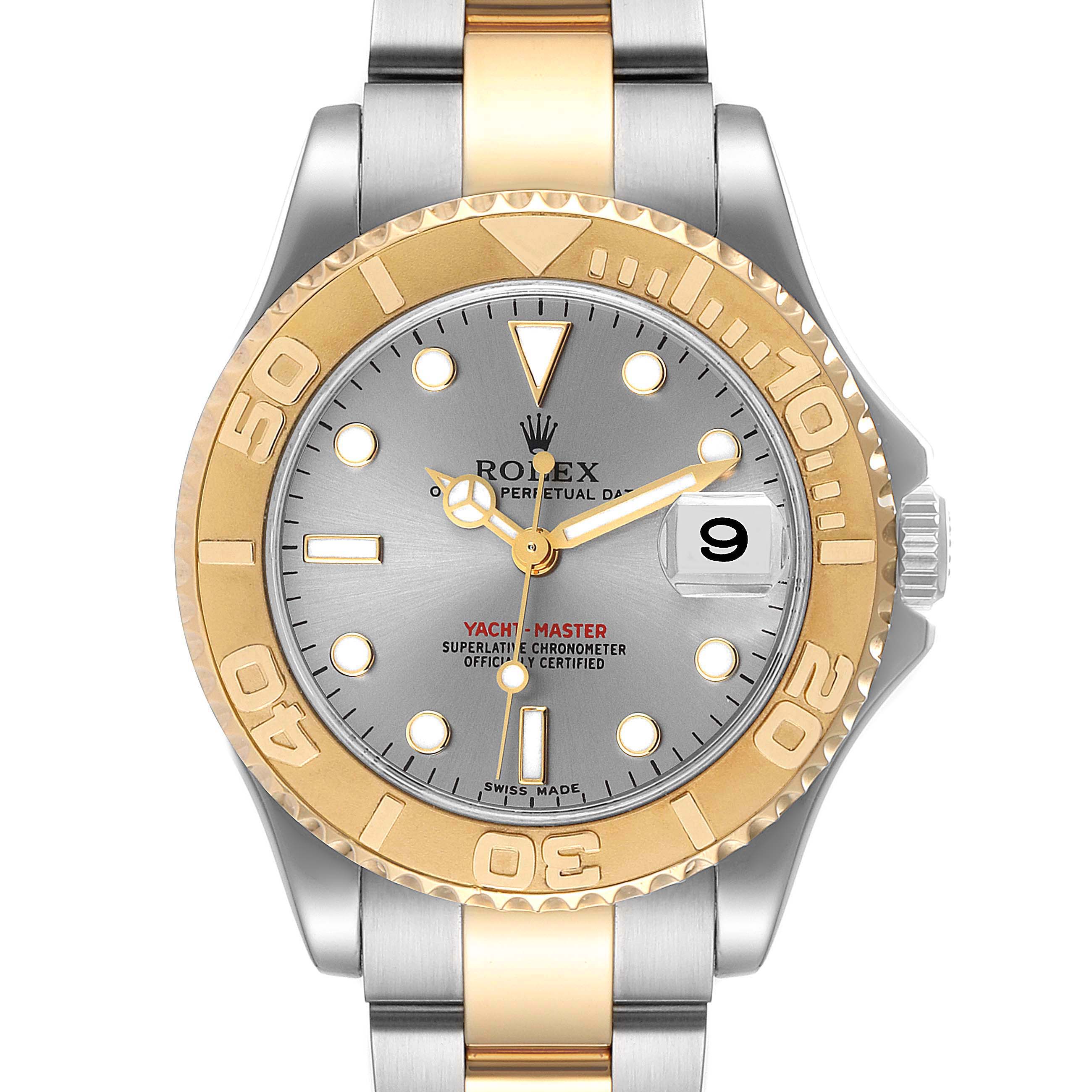 The image shows a front view of the Rolex Yacht-Master 168623 Men
s Steel and Gold (two tone) Grey Dial 168623 Men
s Steel and Gold (two tone) Grey Dial watch, including its dial, bezel, and bracelet.