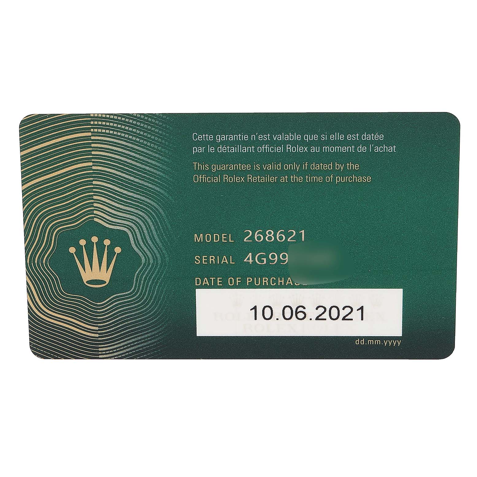 The image shows the warranty card for the Rolex Yacht-Master 268621 Men
s Steel and Gold (two tone) Black Dial 268621 Men
s Steel and Gold (two tone) Black Dial model with details like model number and date of purchase.