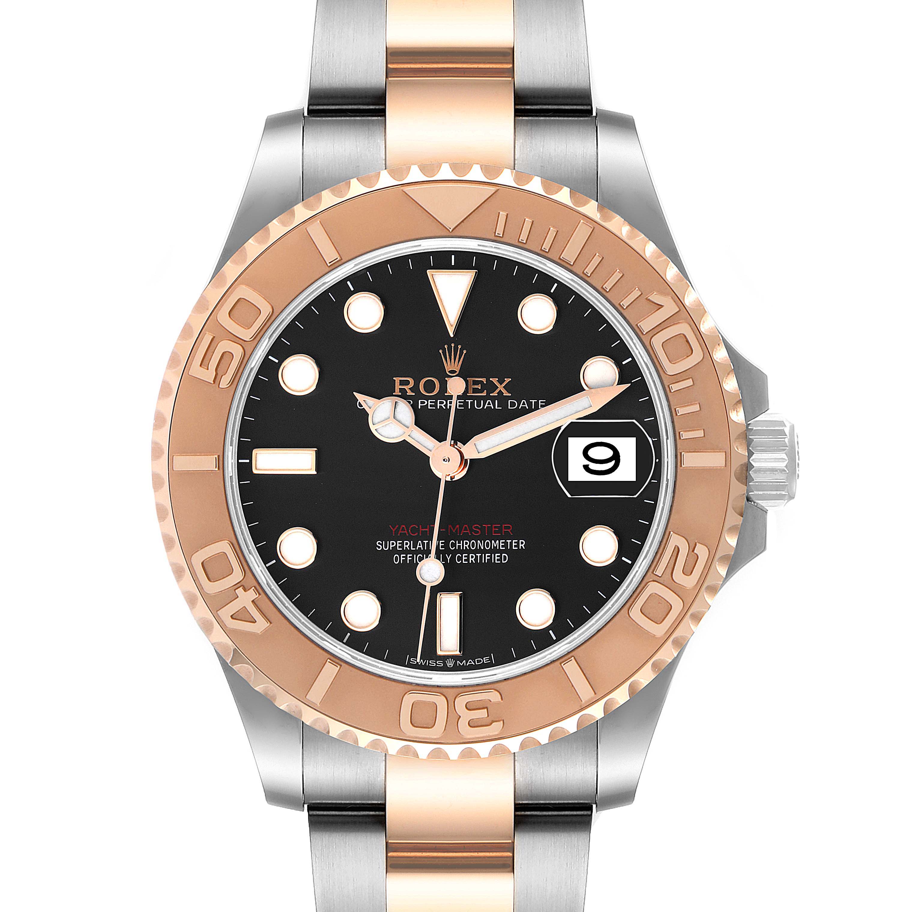 The image shows a Rolex Yacht-Master 268621 Men
s Steel and Gold (two tone) Black Dial 268621 Men
s Steel and Gold (two tone) Black Dial watch from a front angle, highlighting the bezel, dial, hands, and bracelet.