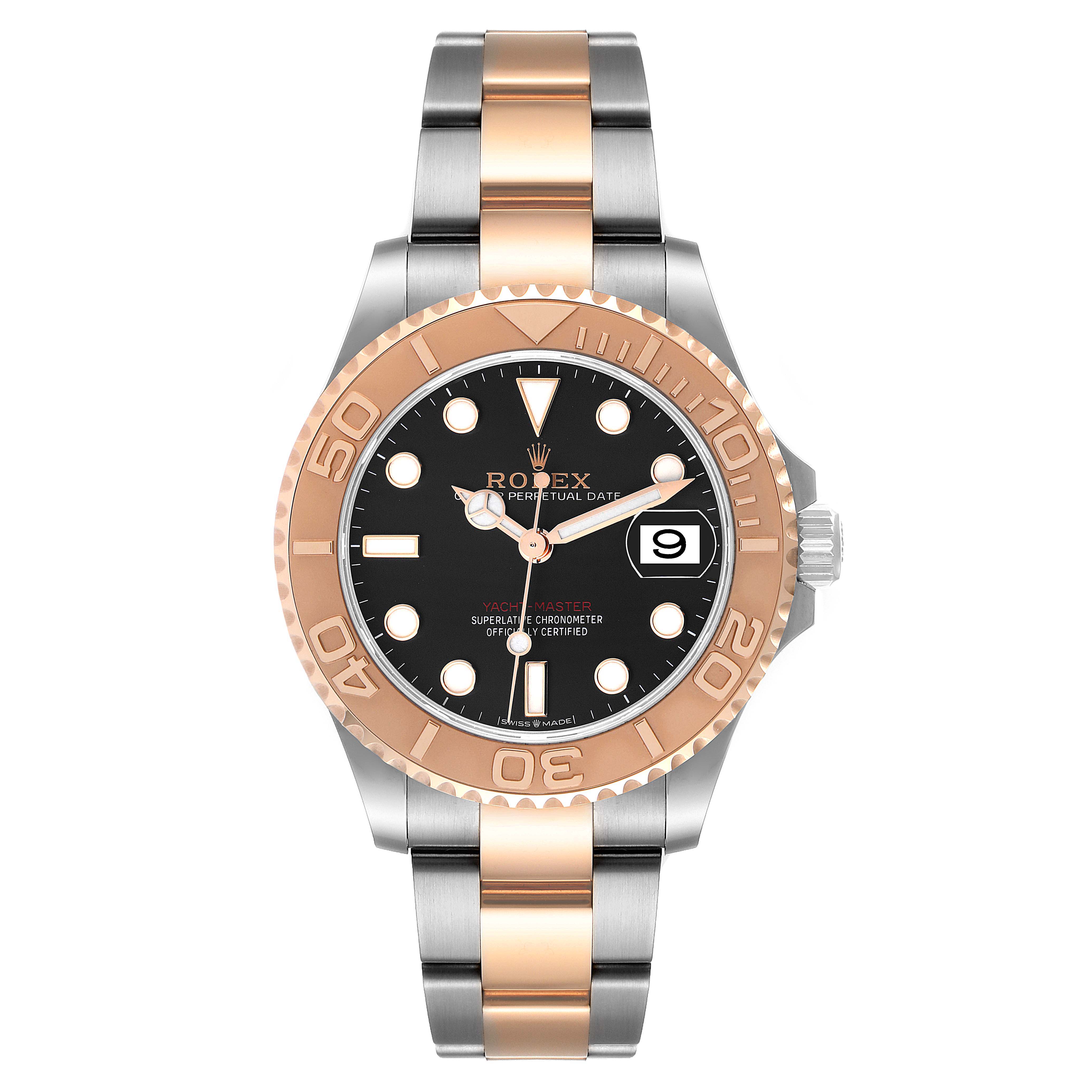 The image showcases a Rolex Yacht-Master 268621 Men
s Steel and Gold (two tone) Black Dial 268621 Men
s Steel and Gold (two tone) Black Dial watch, focusing on the face, bezel, crown, and bracelet in a front-facing angle.