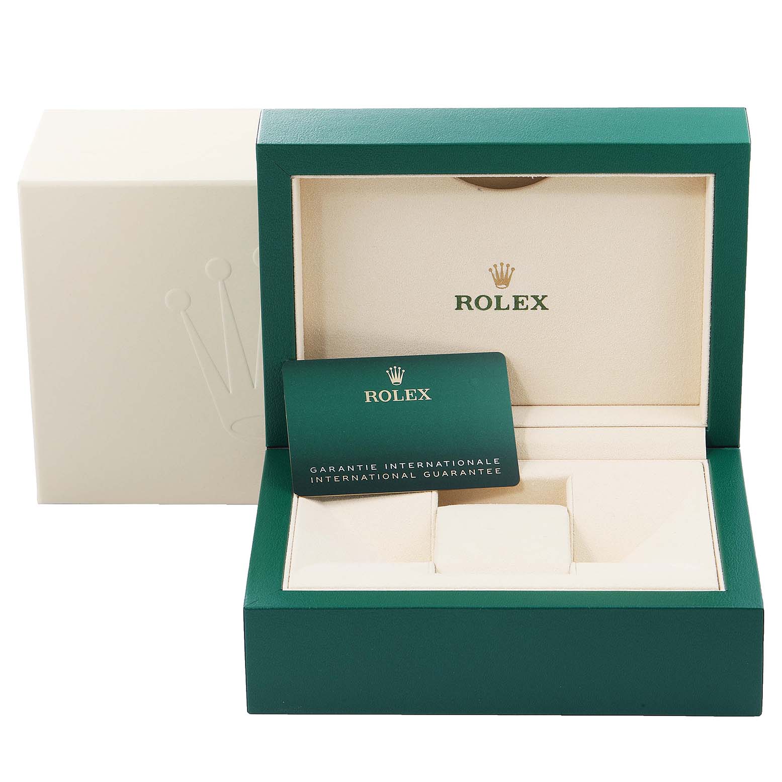 The image shows an open Rolex Yacht-Master 268621 Men
s Steel and Gold (two tone) Black Dial 268621 Men
s Steel and Gold (two tone) Black Dial watch box from a front angle, displaying the inner case and guarantee card.