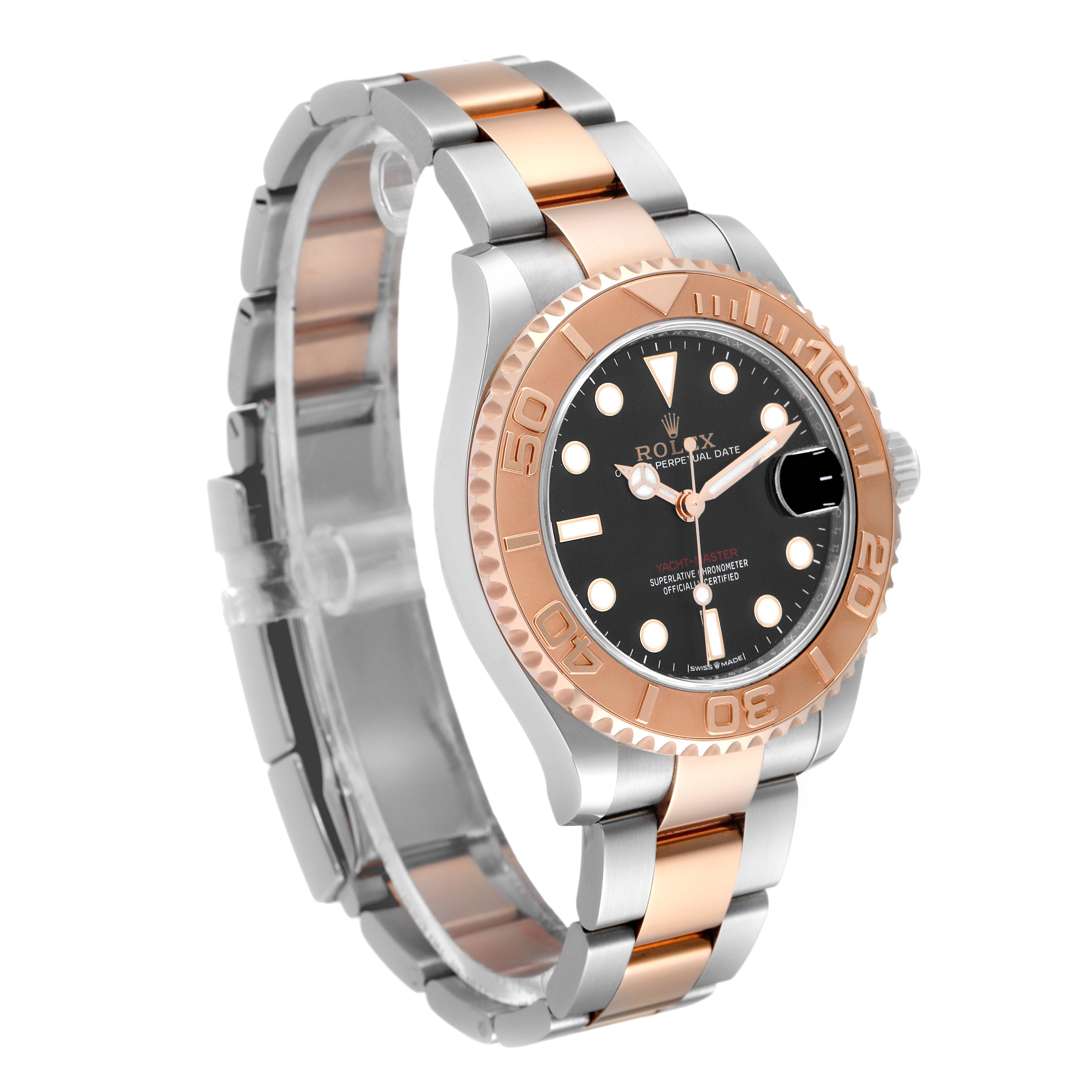 The Rolex Yacht-Master 268621 Men
s Steel and Gold (two tone) Black Dial 268621 Men
s Steel and Gold (two tone) Black Dial watch is shown at a three-quarter front angle, highlighting the bezel, dial, and bi-color bracelet.