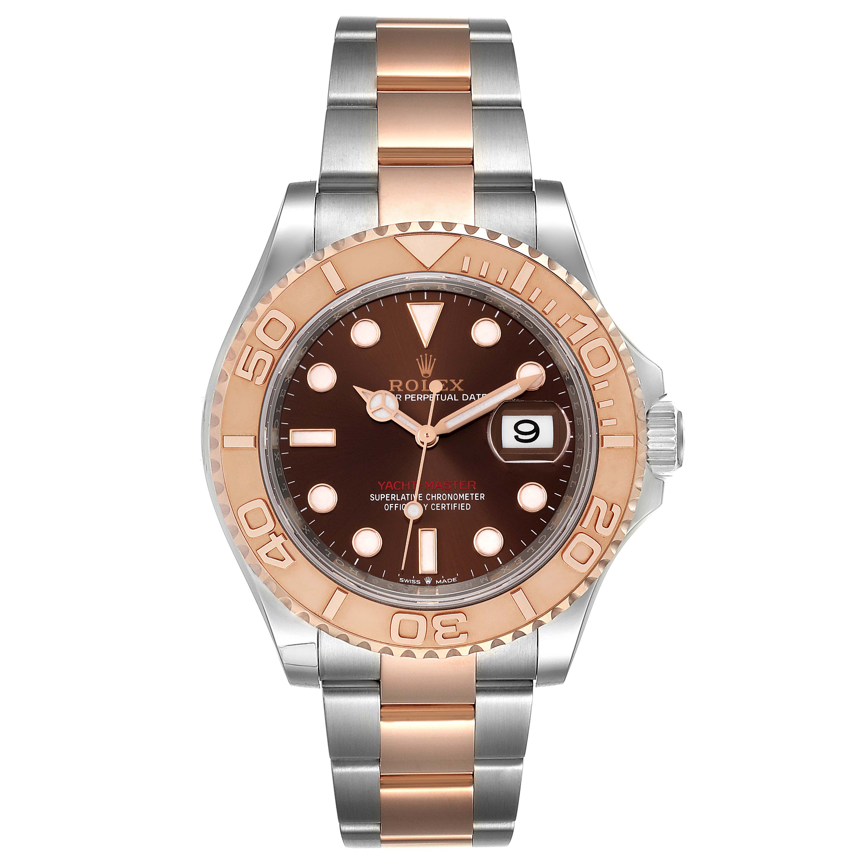 This image shows a front view of the Rolex Yacht-Master 126621 Men's Steel and Gold (two tone) Brown Dial 126621 Men's Steel and Gold (two tone) Brown Dial watch, displaying its dial, bezel, and bracelet.