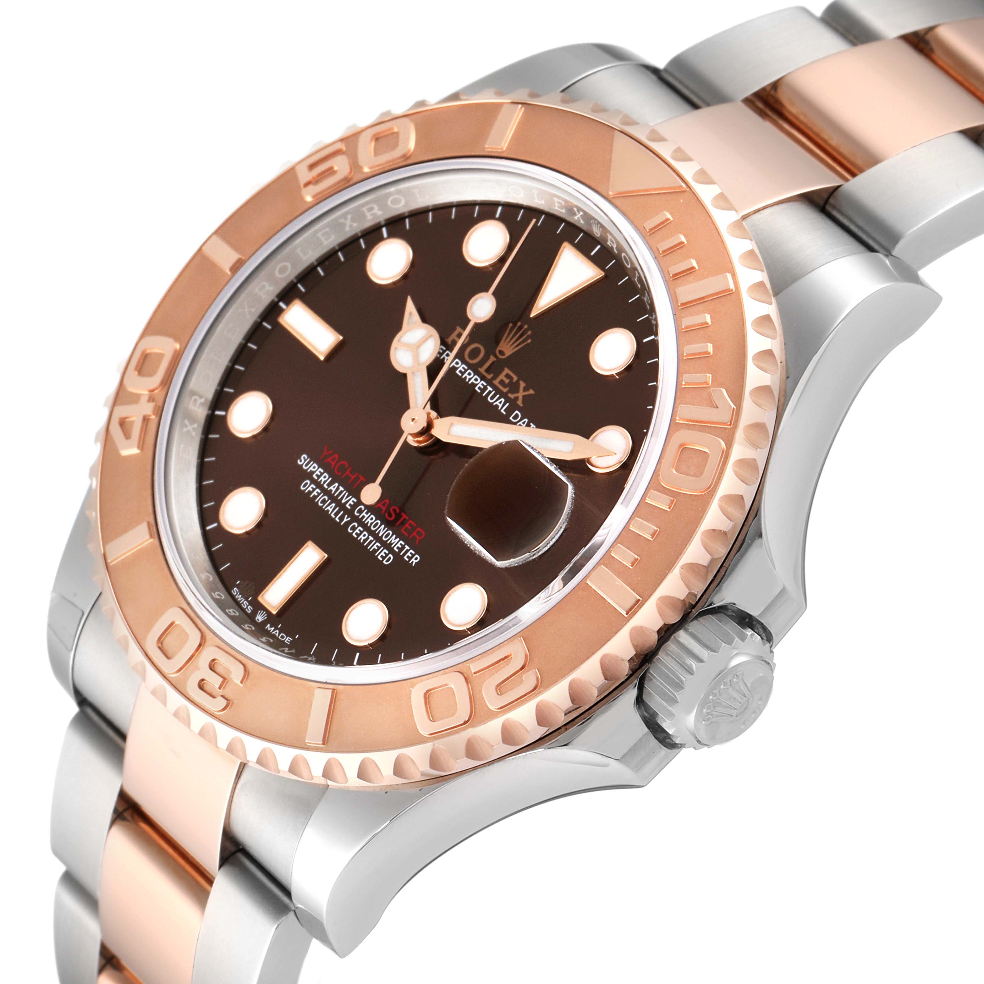 This Rolex Yacht-Master 126621 Men's Steel and Gold (two tone) Brown Dial 126621 Men's Steel and Gold (two tone) Brown Dial watch is angled to display the bezel, dial, crown, and part of the bracelet.