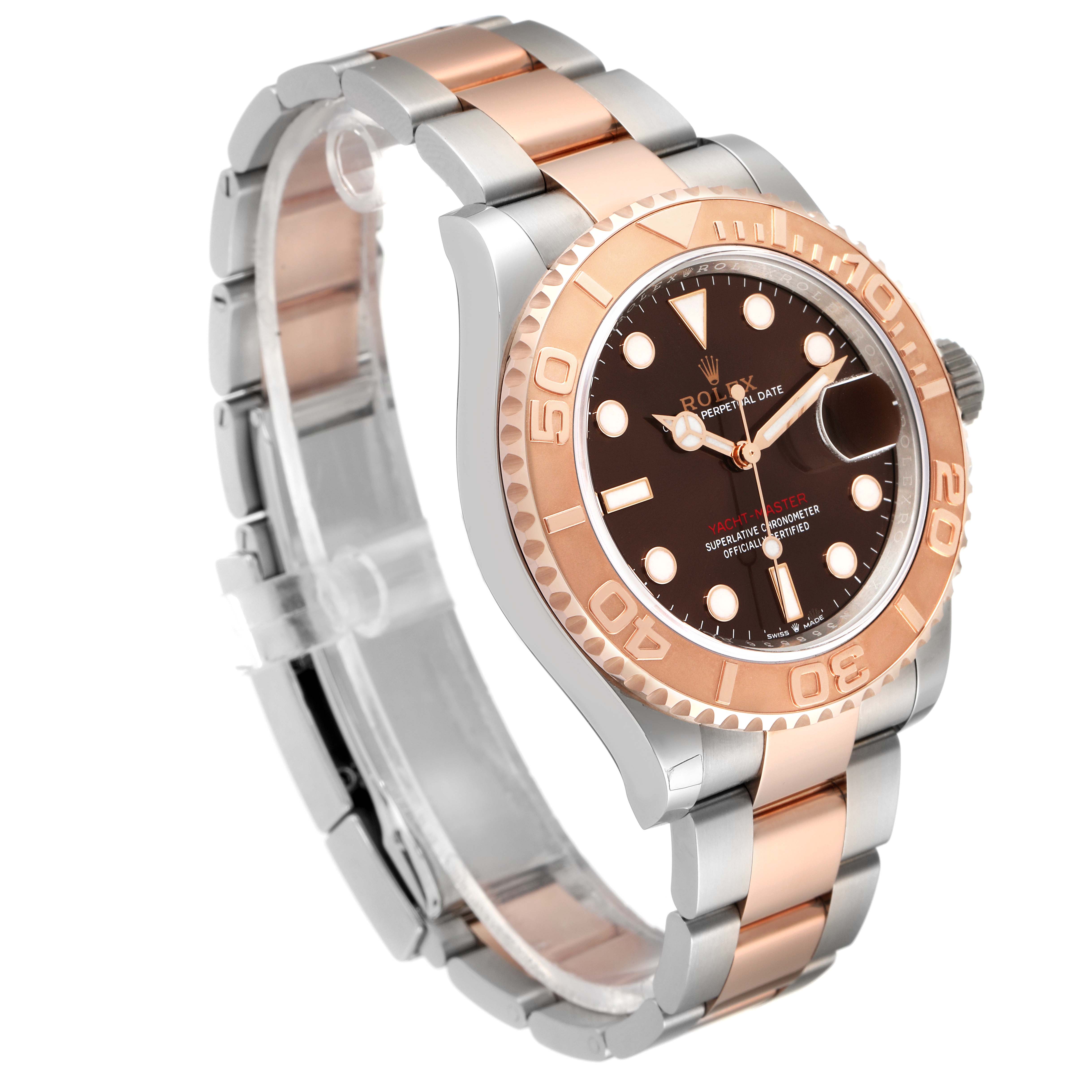 The image shows a side angle of a Rolex Yacht-Master 126621 Men's Steel and Gold (two tone) Brown Dial 126621 Men's Steel and Gold (two tone) Brown Dial watch, highlighting its dial, bezel, and two-tone bracelet.