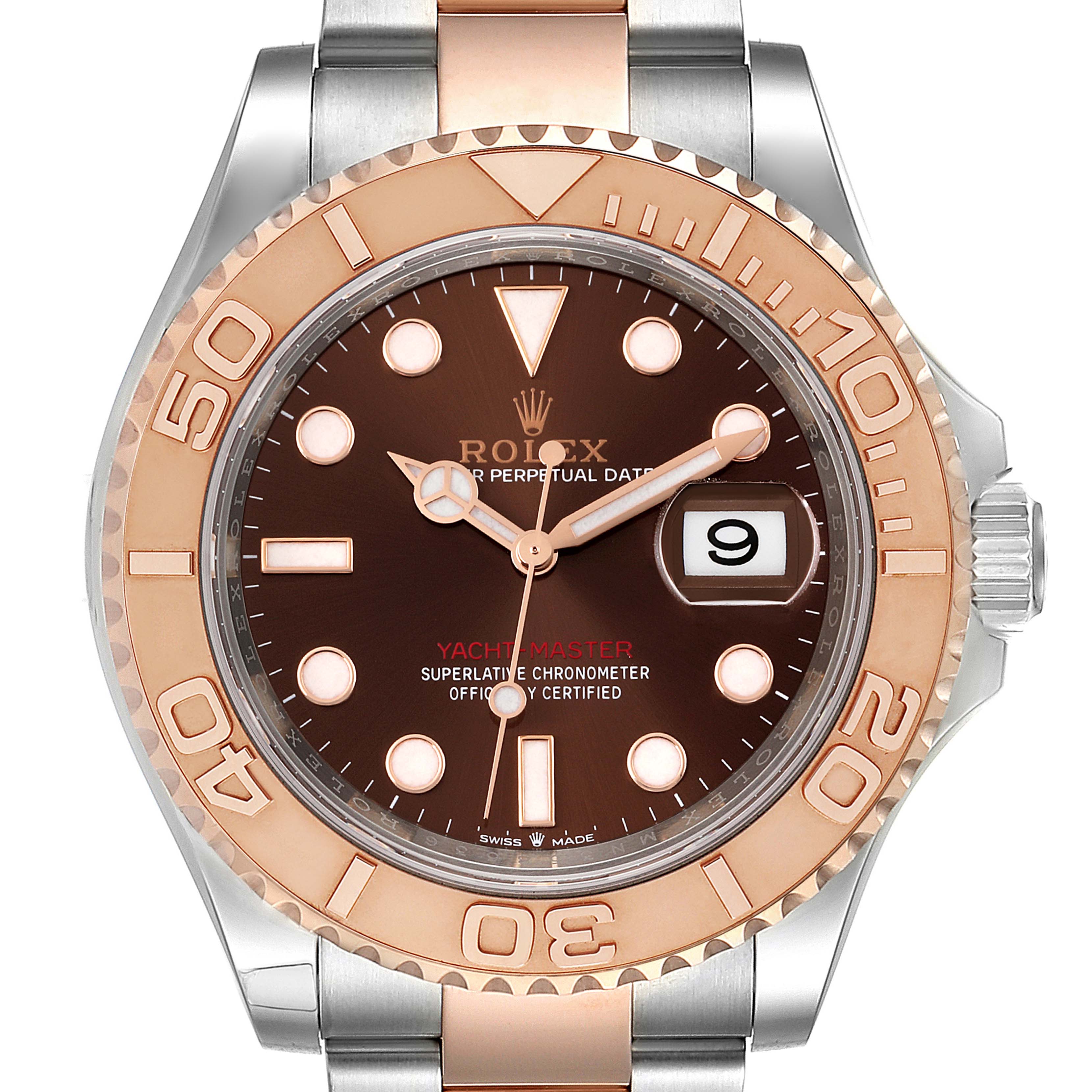 This is a frontal view of the Rolex Yacht-Master 126621 Men's Steel and Gold (two tone) Brown Dial 126621 Men's Steel and Gold (two tone) Brown Dial watch, showing the dial, hands, date window, bezel, and part of the bracelet.