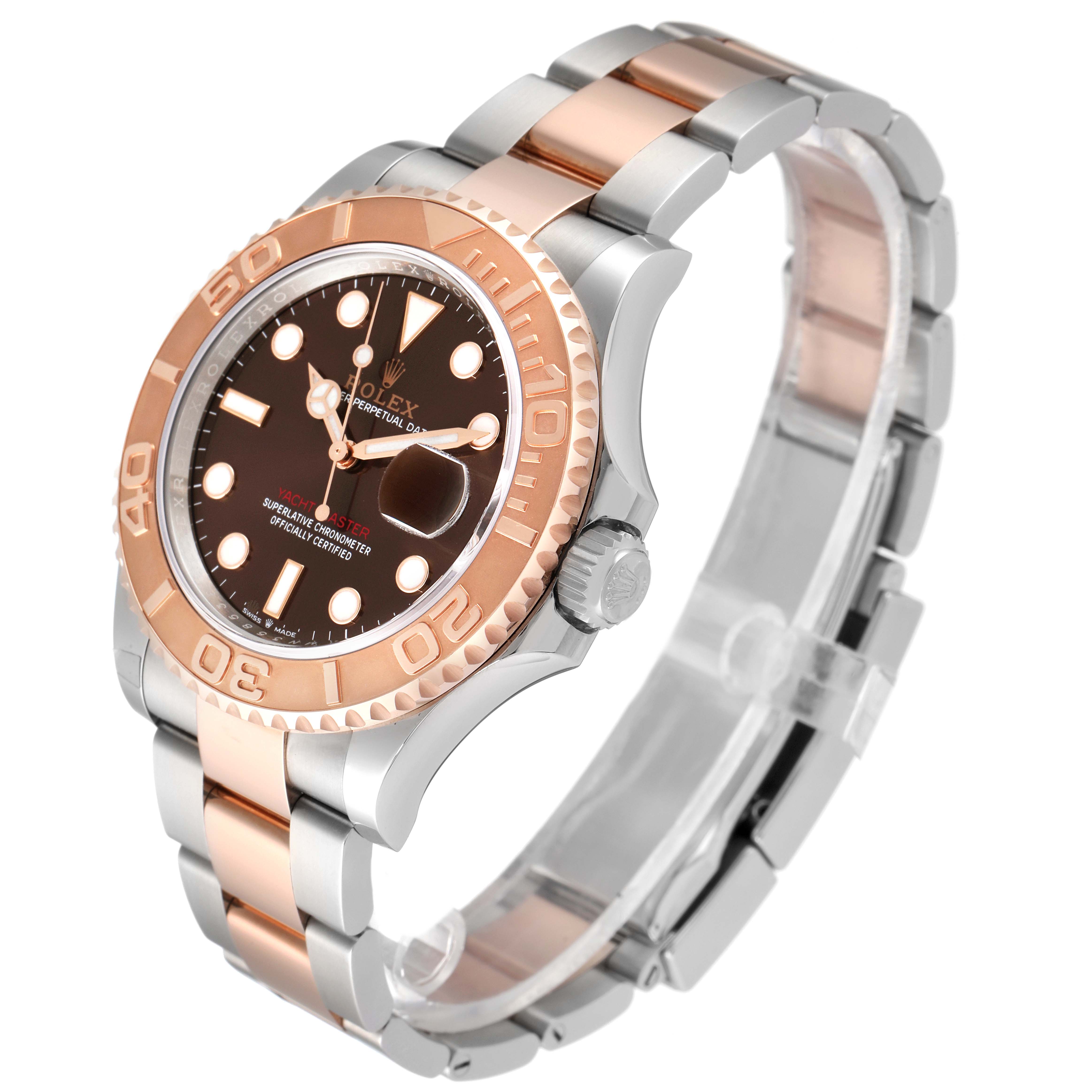 The image shows a Rolex Yacht-Master 126621 Men's Steel and Gold (two tone) Brown Dial 126621 Men's Steel and Gold (two tone) Brown Dial watch from a three-quarter angle, with a two-tone bracelet and a bezel displaying the face and crown.
