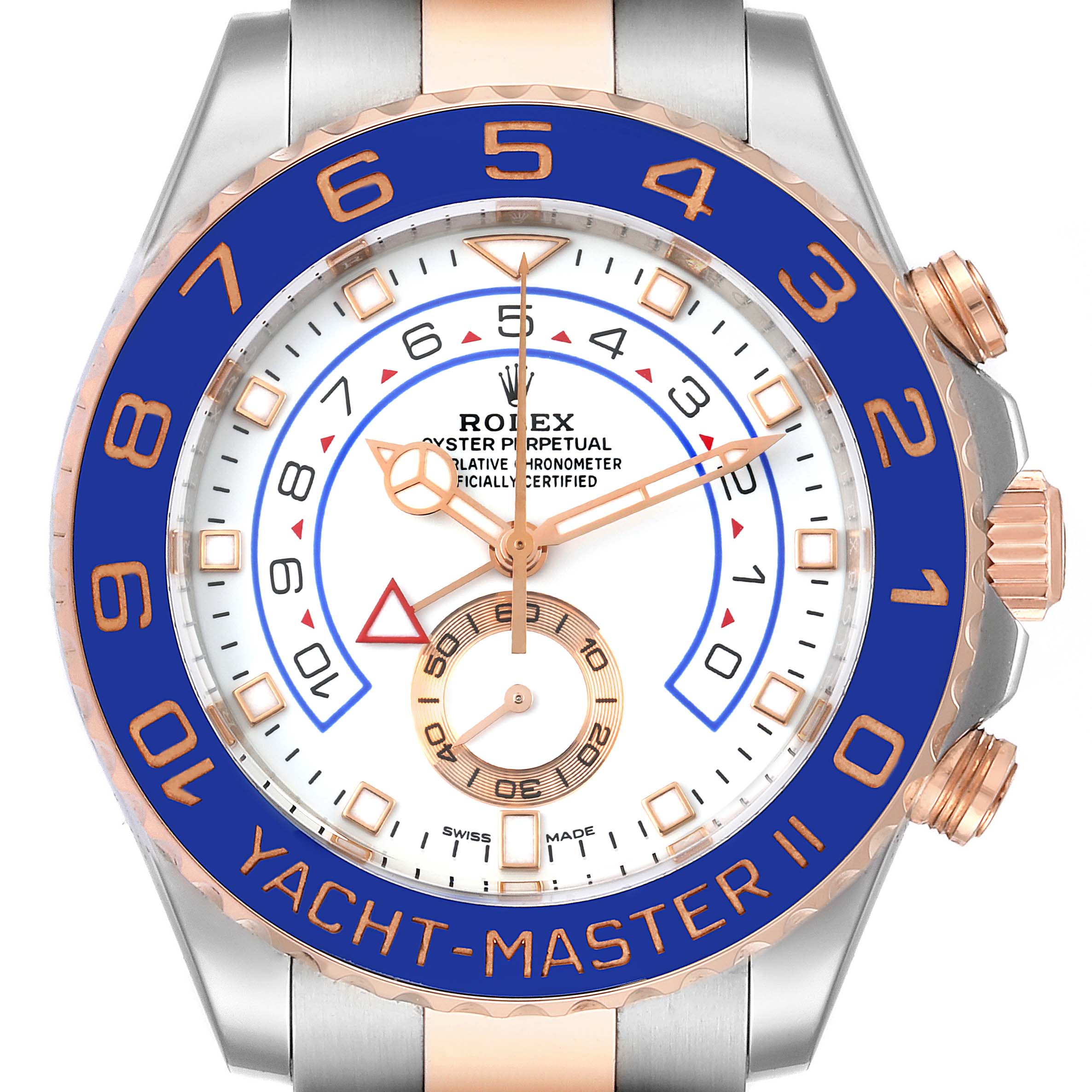 The image shows a Rolex Yacht-Master 116681 Men
s Steel and Gold (two tone) White Dial 116681 Men
s Steel and Gold (two tone) White Dial II watch face, highlighting its blue bezel, markers, hands, and additional dial elements.