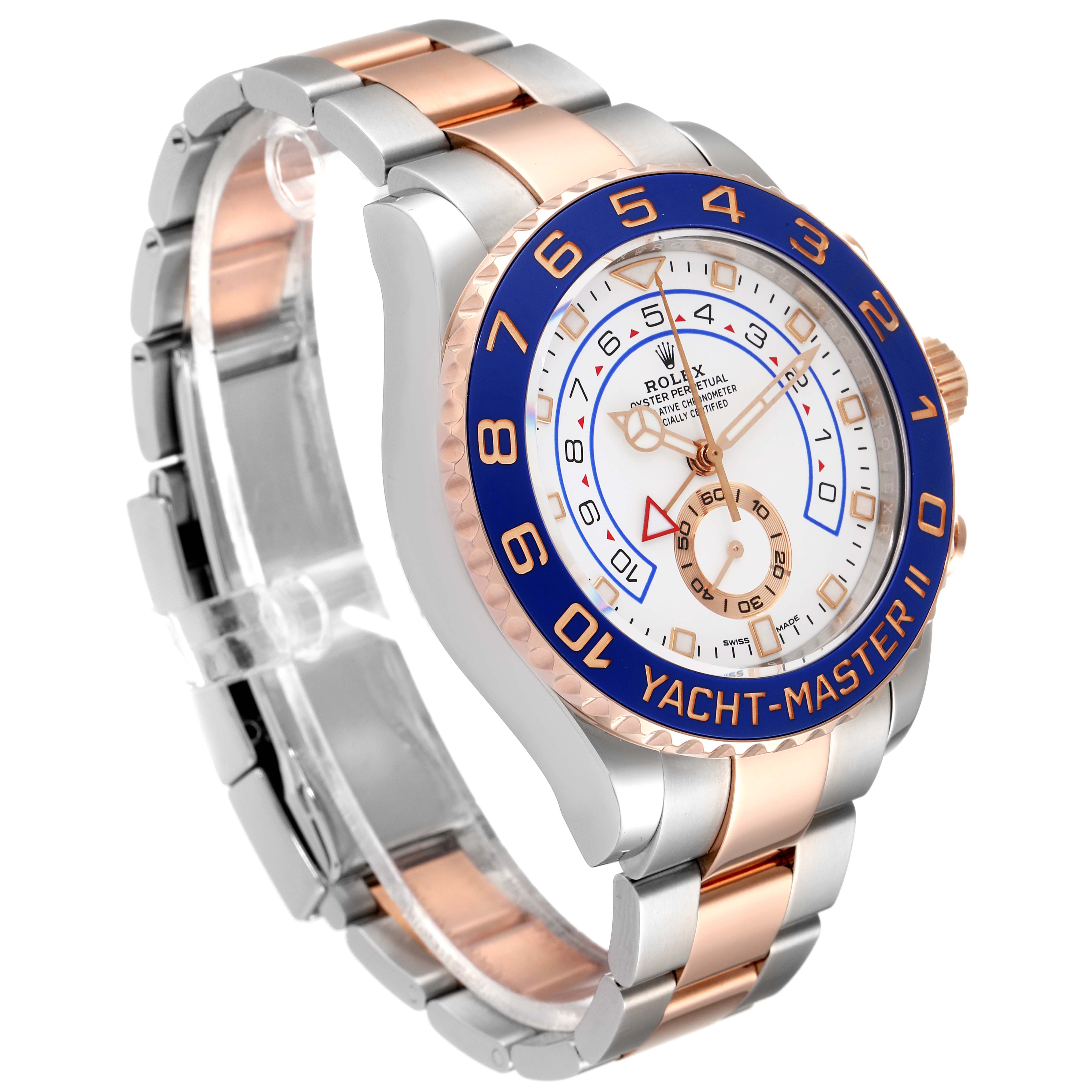 The image shows a Rolex Yacht-Master 116681 Men
s Steel and Gold (two tone) White Dial 116681 Men
s Steel and Gold (two tone) White Dial watch at an angle showcasing its face, bezel, and part of the band.