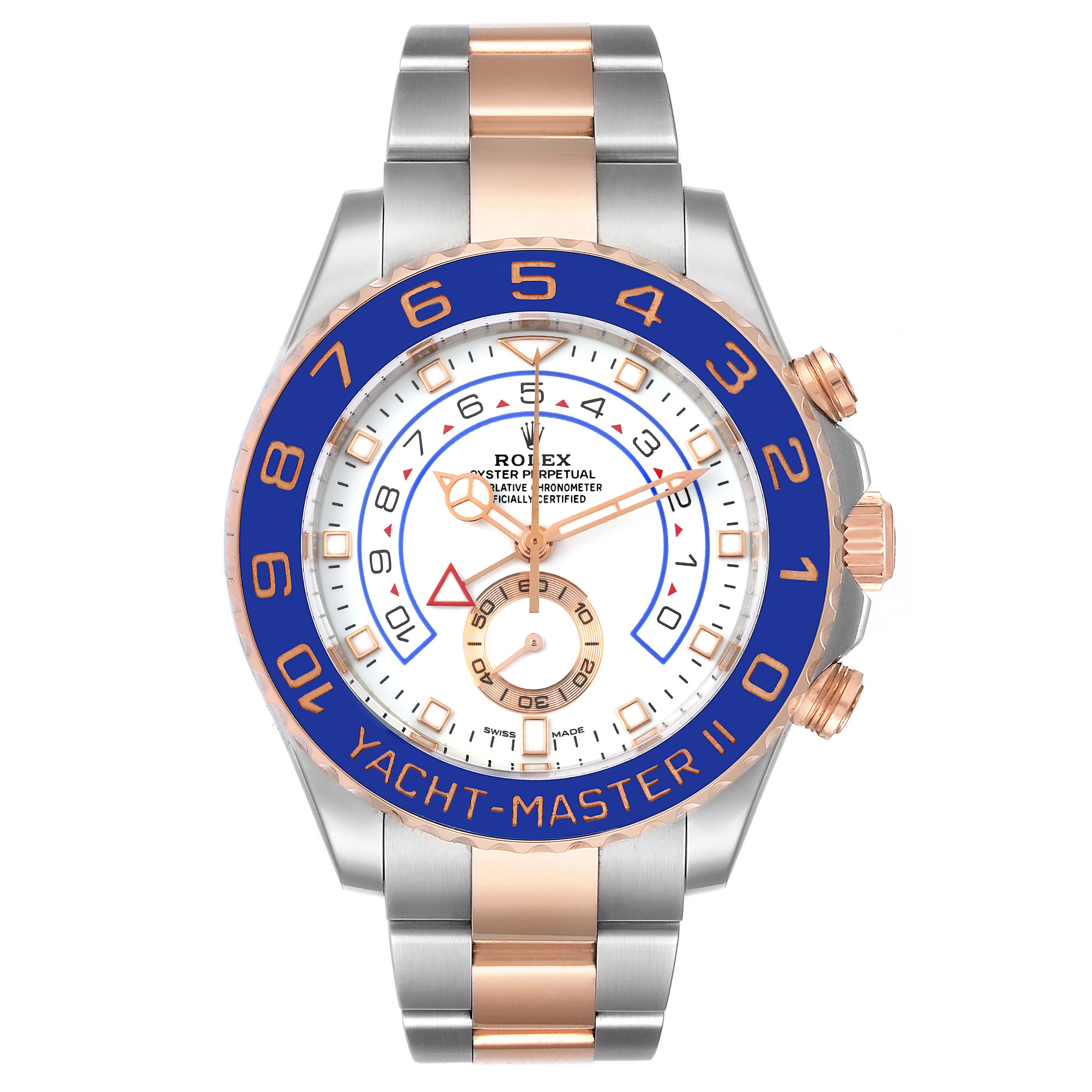The image shows a front view of a Rolex Yacht-Master 116681 Men
s Steel and Gold (two tone) White Dial 116681 Men
s Steel and Gold (two tone) White Dial II watch, highlighting its blue bezel, dial, and two-tone bracelet.