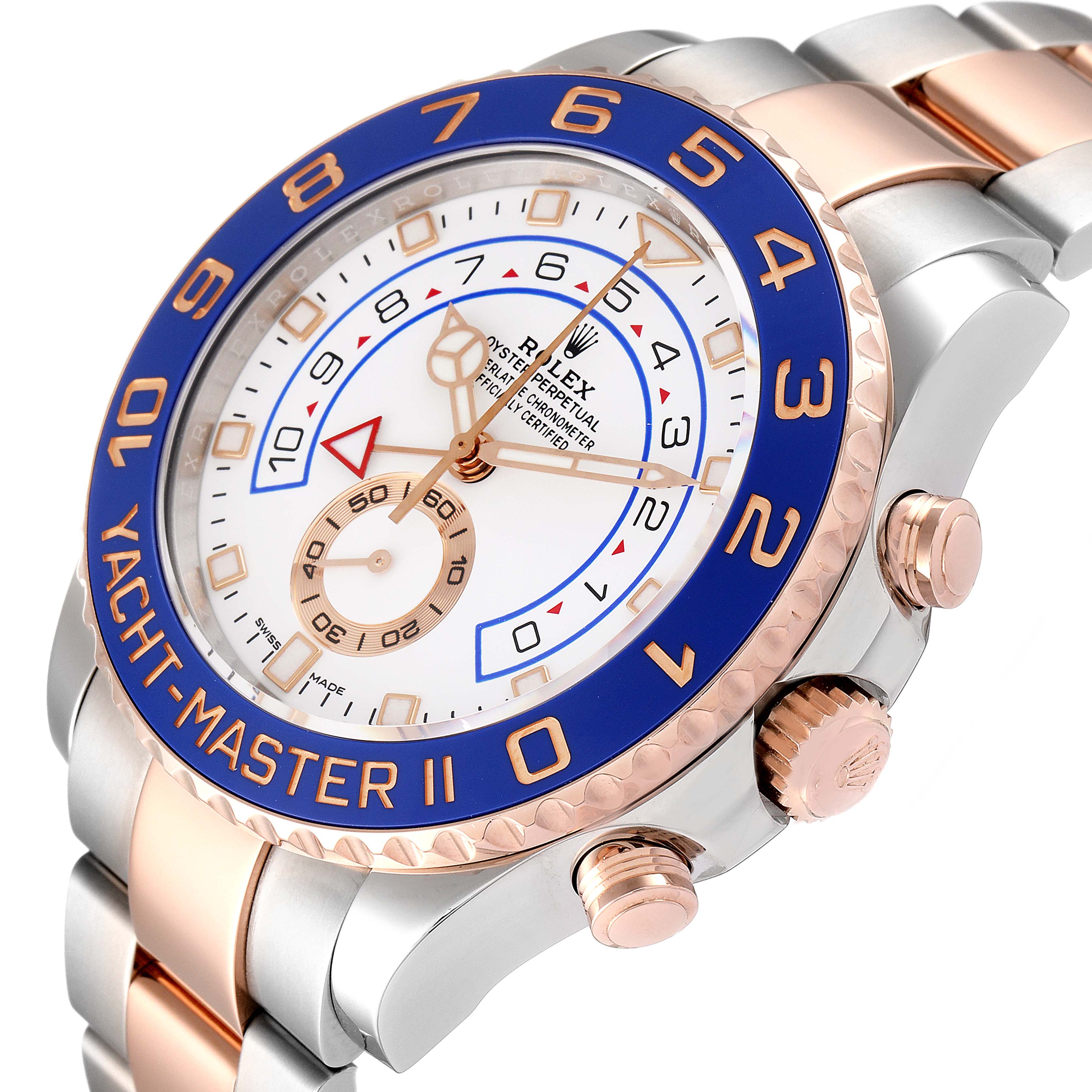 This Rolex Yacht-Master 116681 Men
s Steel and Gold (two tone) White Dial 116681 Men
s Steel and Gold (two tone) White Dial watch is shown from an angled view highlighting the dial, bezel, and crown.