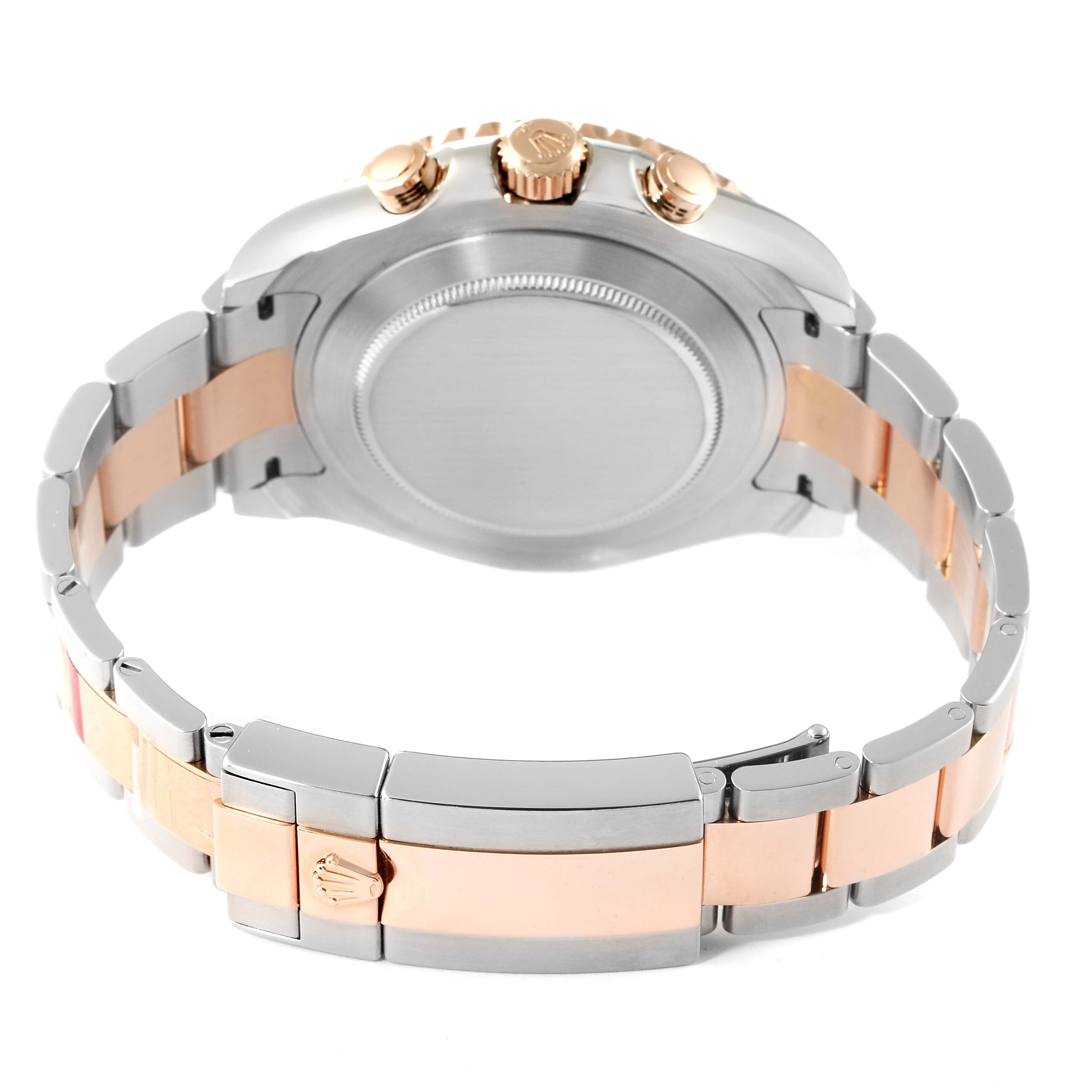 The image shows the rear view of a Rolex Yacht-Master 116681 Men
s Steel and Gold (two tone) White Dial 116681 Men
s Steel and Gold (two tone) White Dial watch, highlighting its clasp and crown.