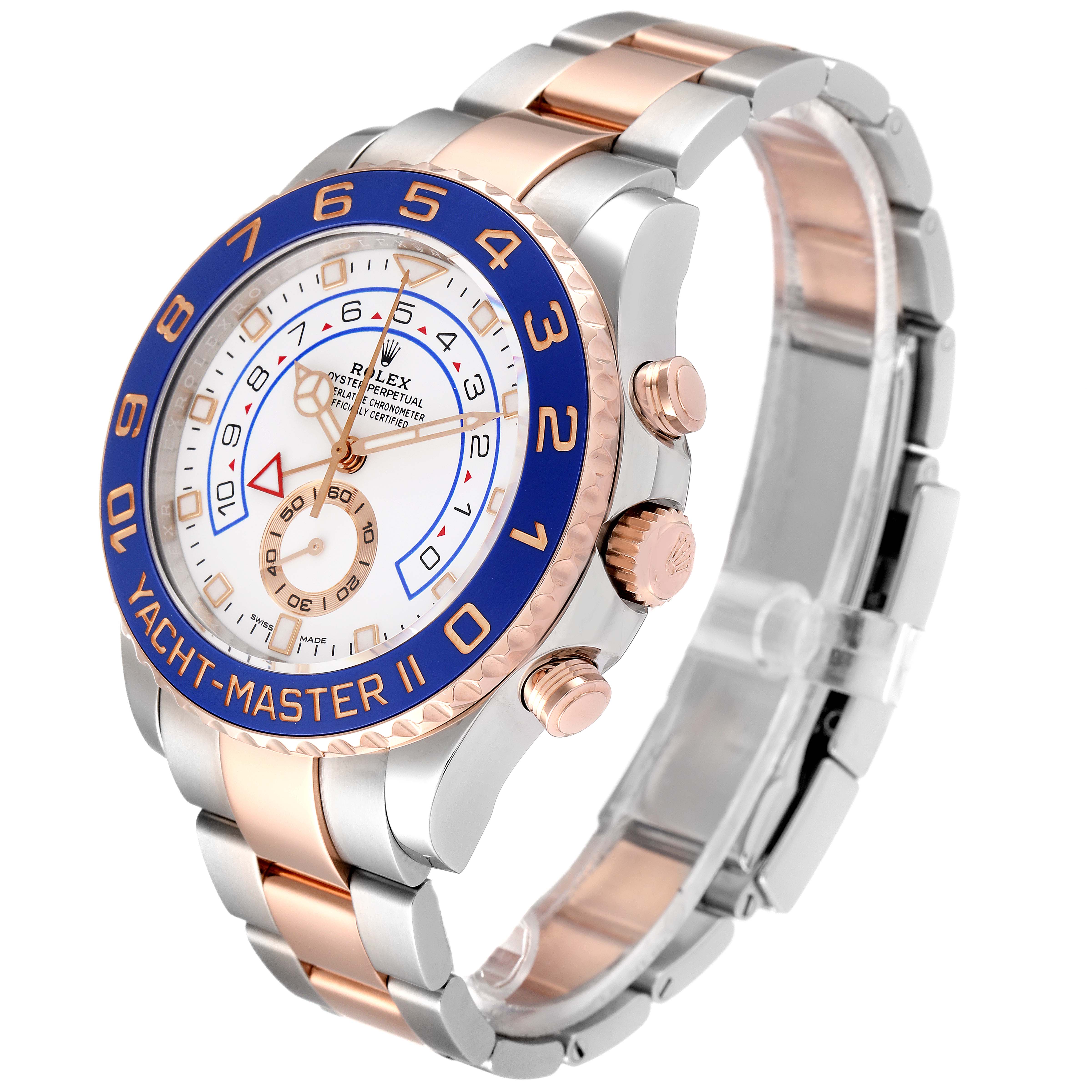 The image shows a Rolex Yacht-Master 116681 Men
s Steel and Gold (two tone) White Dial 116681 Men
s Steel and Gold (two tone) White Dial watch at a three-quarter angle, highlighting the dial, bezel, crown, and bracelet.