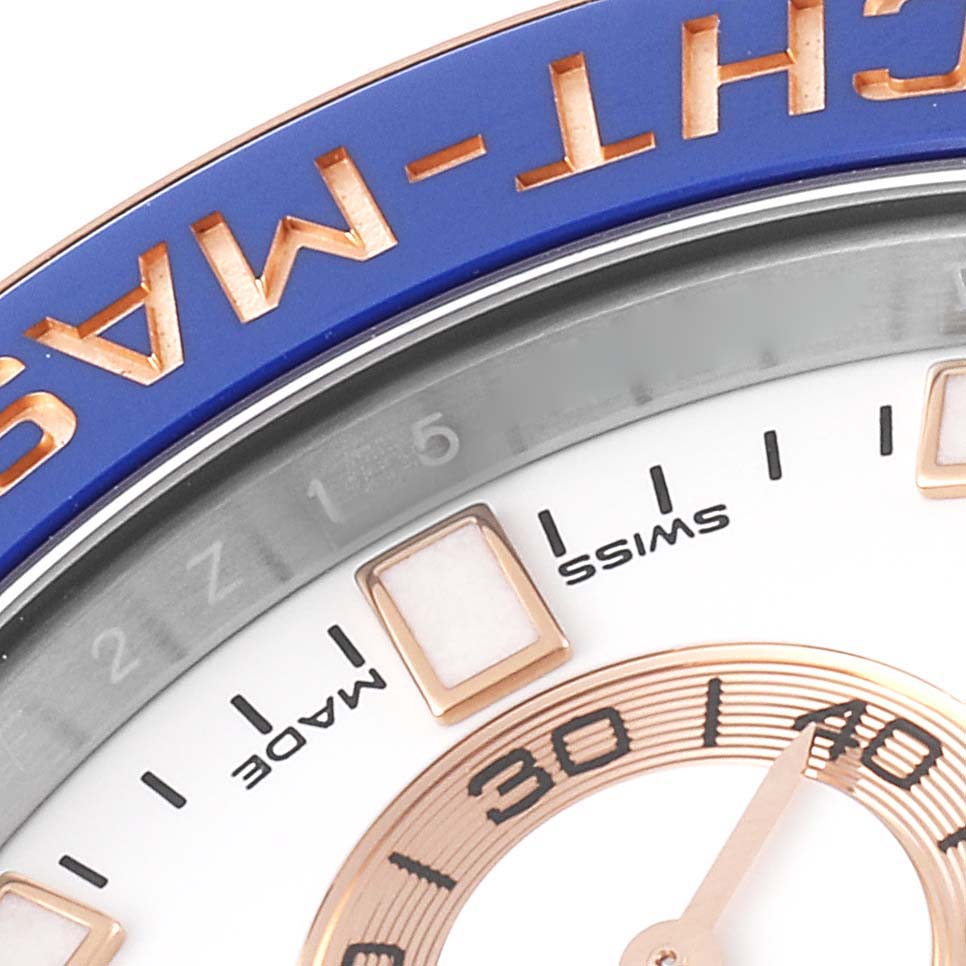 This image shows a close-up angle of the dial and bezel of the Rolex Yacht-Master 116681 Men
s Steel and Gold (two tone) White Dial 116681 Men
s Steel and Gold (two tone) White Dial watch.