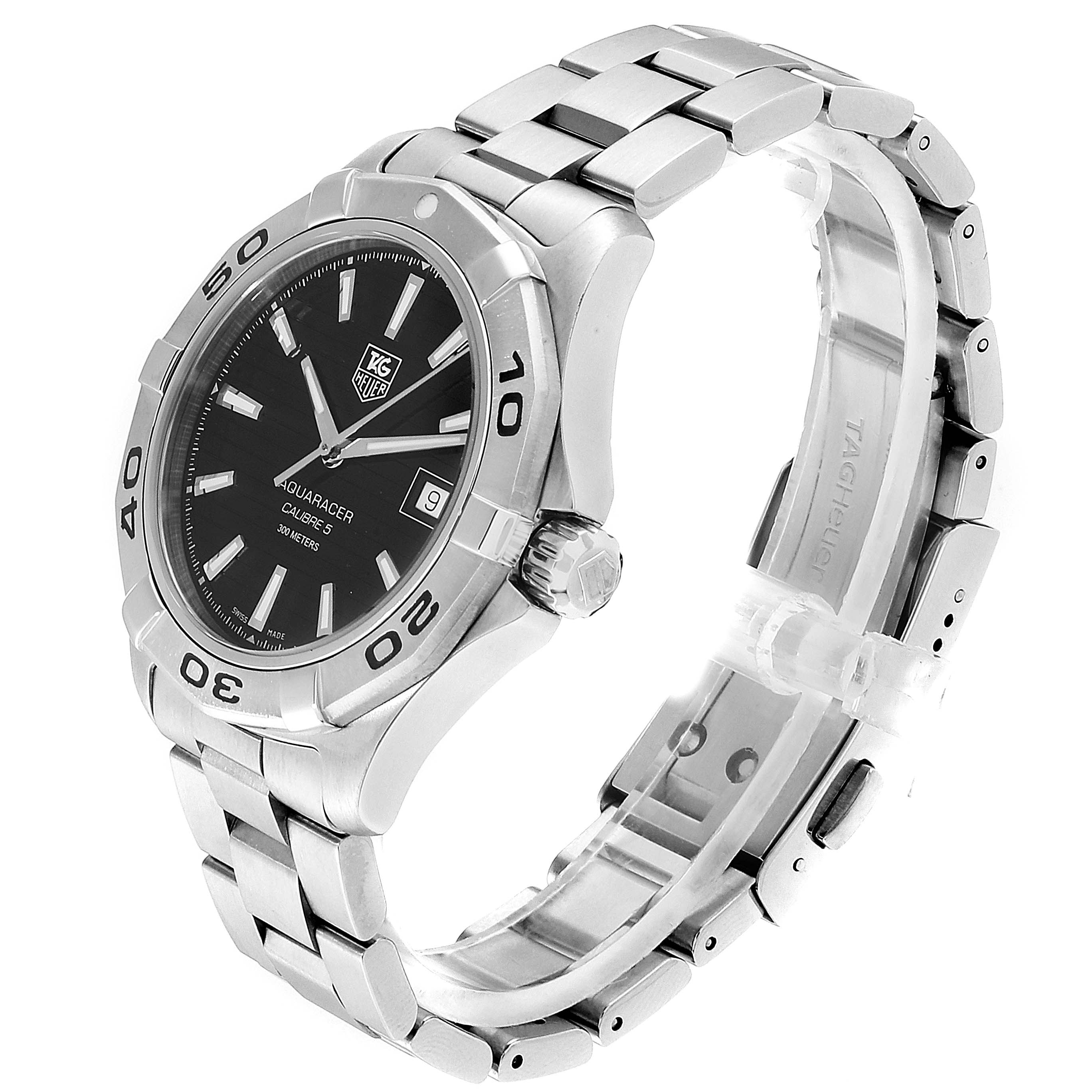 The Tag Heuer Aquaracer WAY2110.BA0928 Men
s Stainless Steel Black Dial WAY2110.BA0928 Men
s Stainless Steel Black Dial watch is shown from an angled side view, displaying the face, bezel, crown, and stainless steel bracelet.