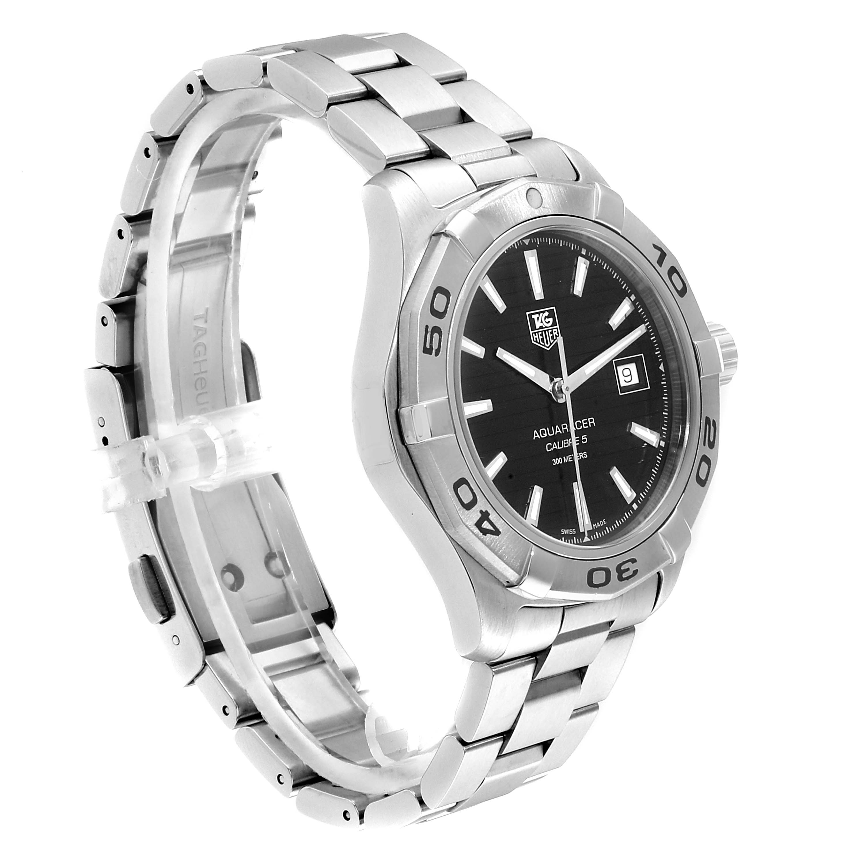 The image shows a Tag Heuer Aquaracer WAY2110.BA0928 Men
s Stainless Steel Black Dial WAY2110.BA0928 Men
s Stainless Steel Black Dial watch from a three-quarter angle, featuring the dial, bezel, and bracelet.