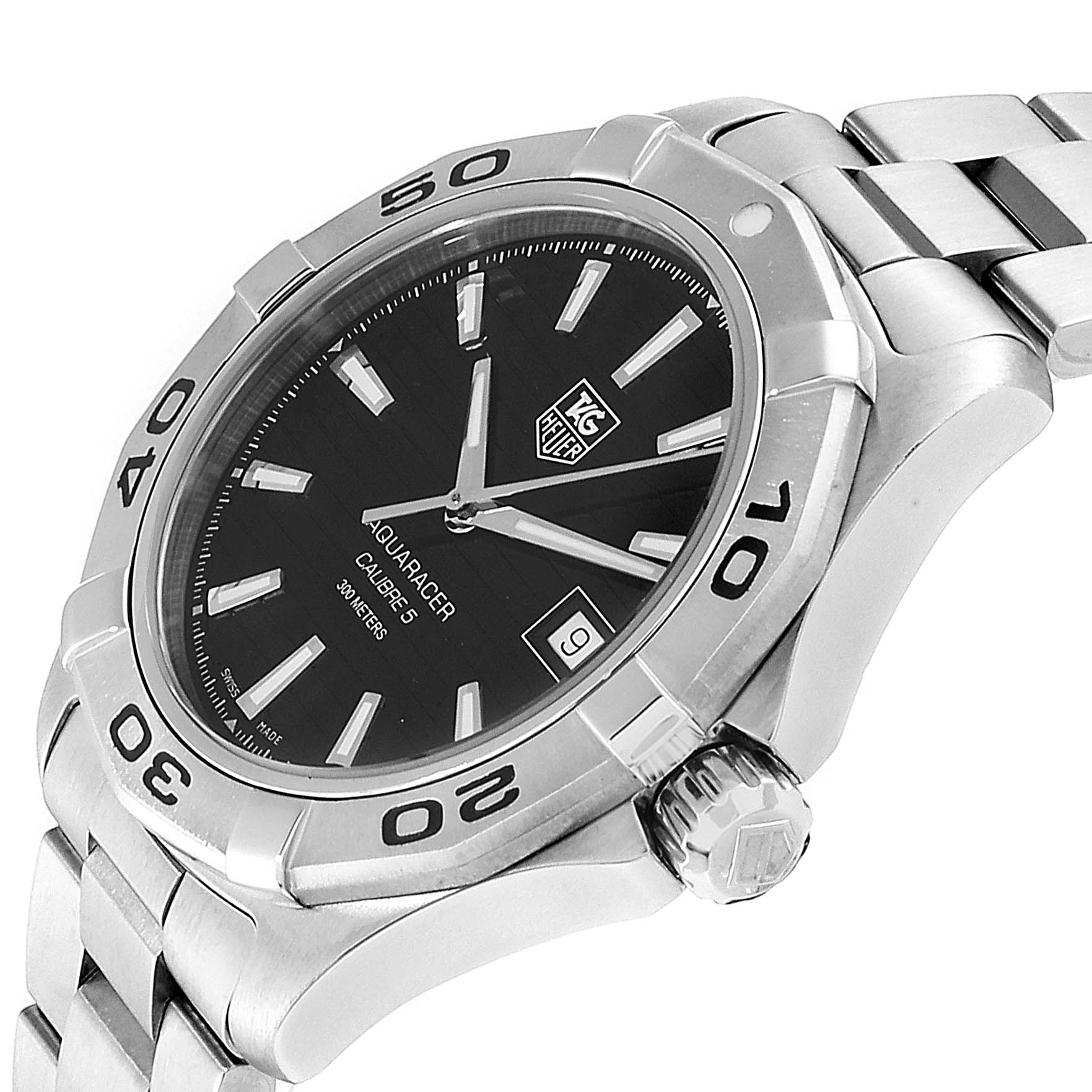 The Tag Heuer Aquaracer WAY2110.BA0928 Men
s Stainless Steel Black Dial WAY2110.BA0928 Men
s Stainless Steel Black Dial watch is shown at a side angle, highlighting the bezel, dial, hands, date window, and bracelet.