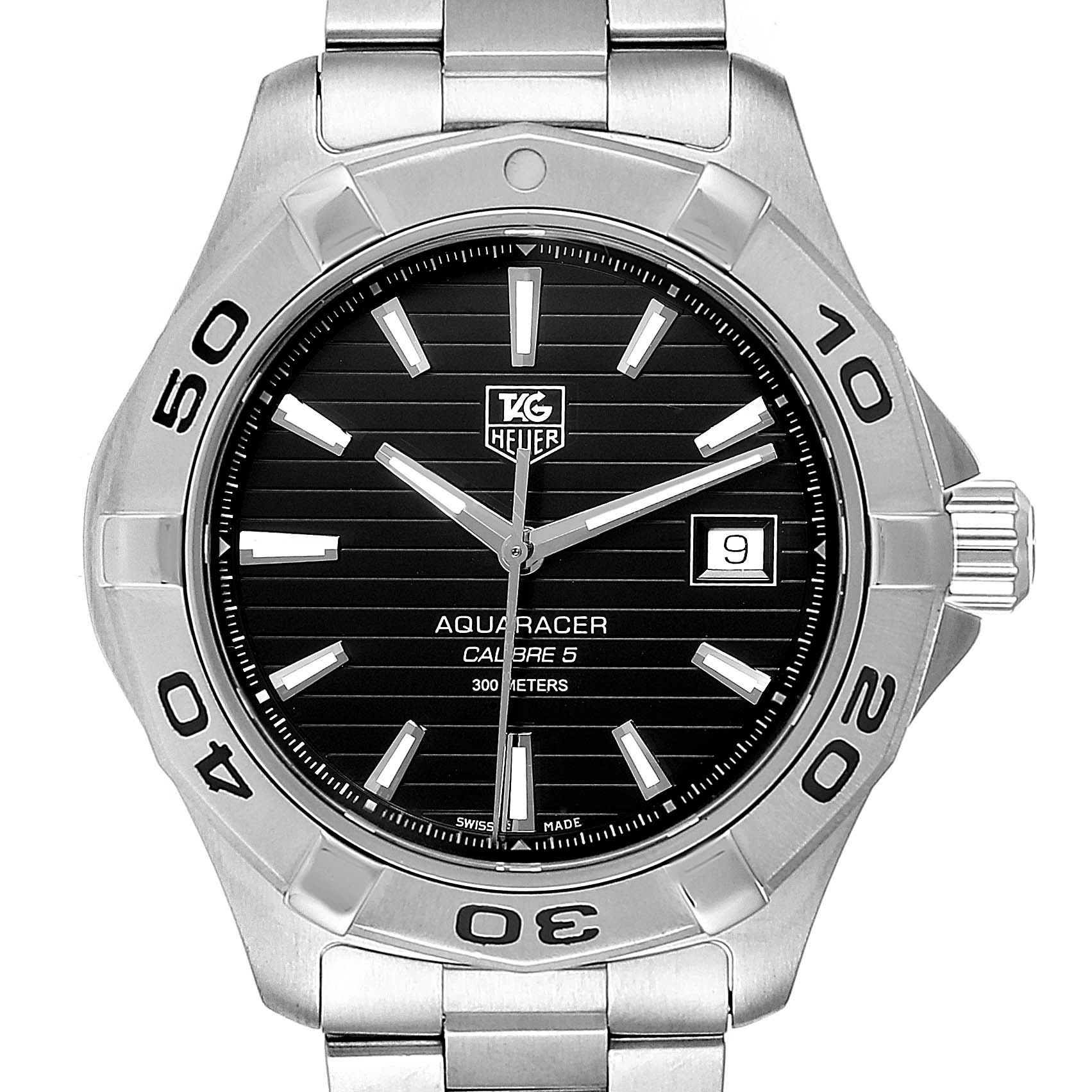 The image shows a front view of the Tag Heuer Aquaracer WAY2110.BA0928 Men
s Stainless Steel Black Dial WAY2110.BA0928 Men
s Stainless Steel Black Dial watch, highlighting its black dial, bezel, and bracelet.
