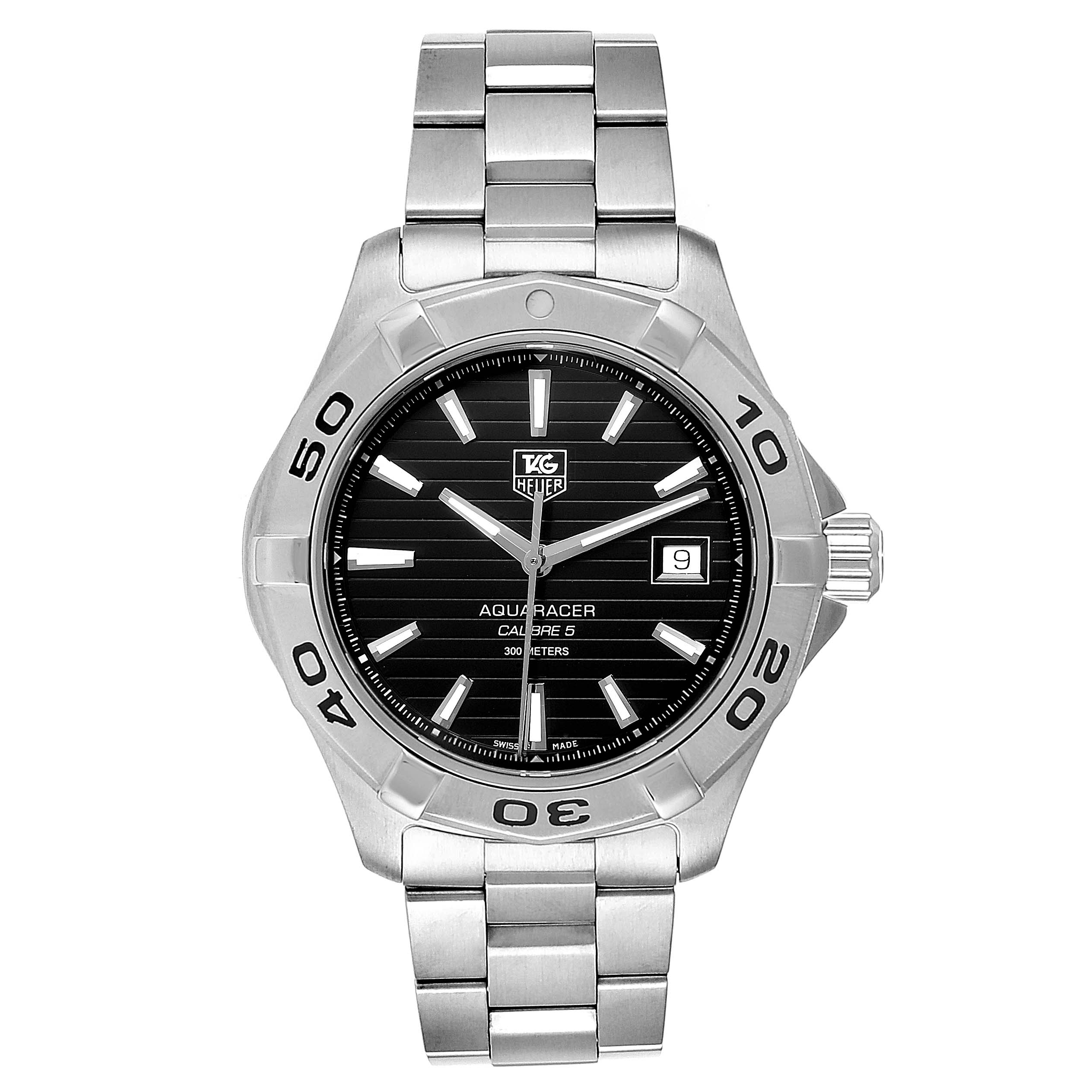 The Tag Heuer Aquaracer WAY2110.BA0928 Men
s Stainless Steel Black Dial WAY2110.BA0928 Men
s Stainless Steel Black Dial watch is shown from a front angle, displaying its face, bezel, and bracelet.
