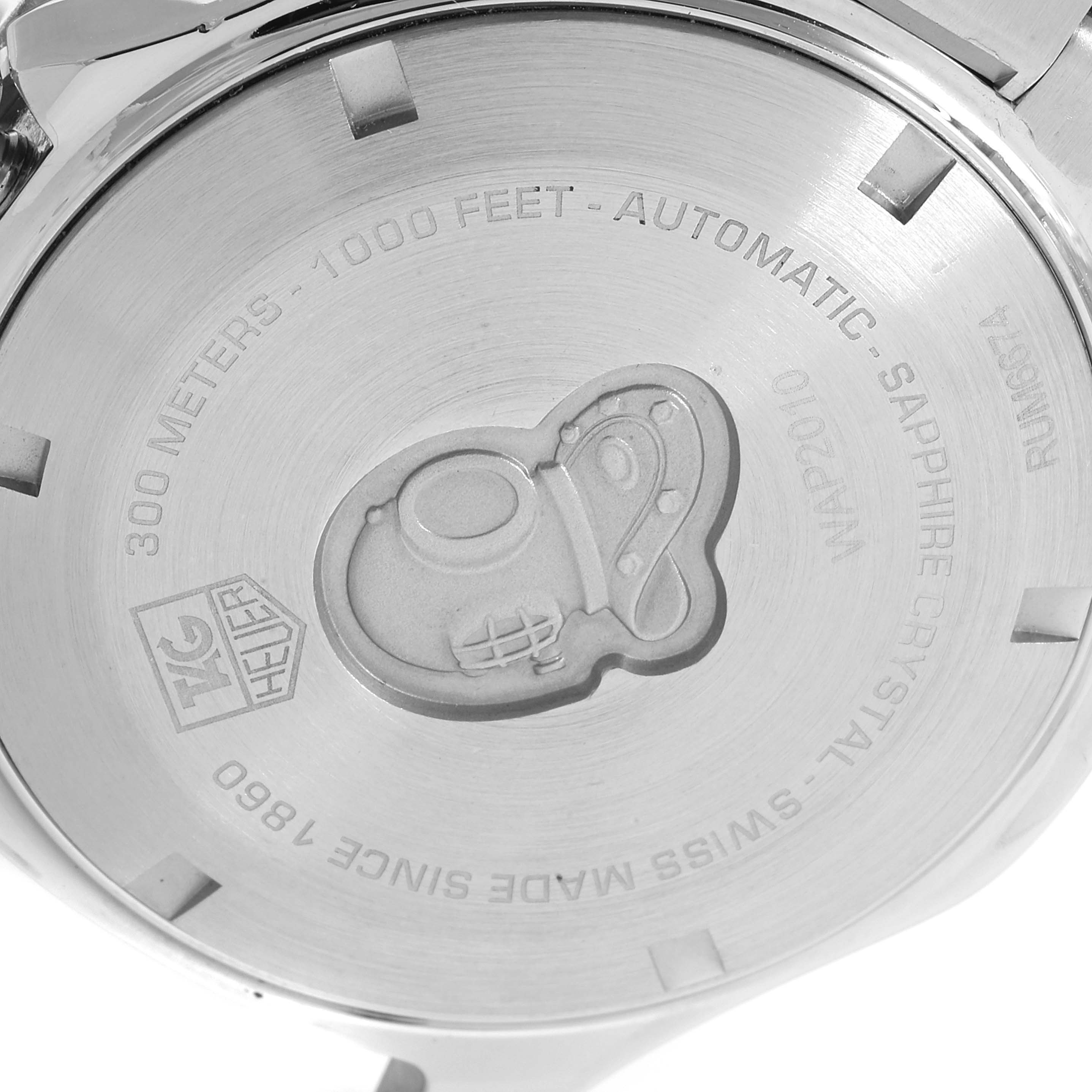 This image shows the back of the Tag Heuer Aquaracer WAY2110.BA0928 Men
s Stainless Steel Black Dial WAY2110.BA0928 Men
s Stainless Steel Black Dial watch, featuring the engraved logo and specifications.