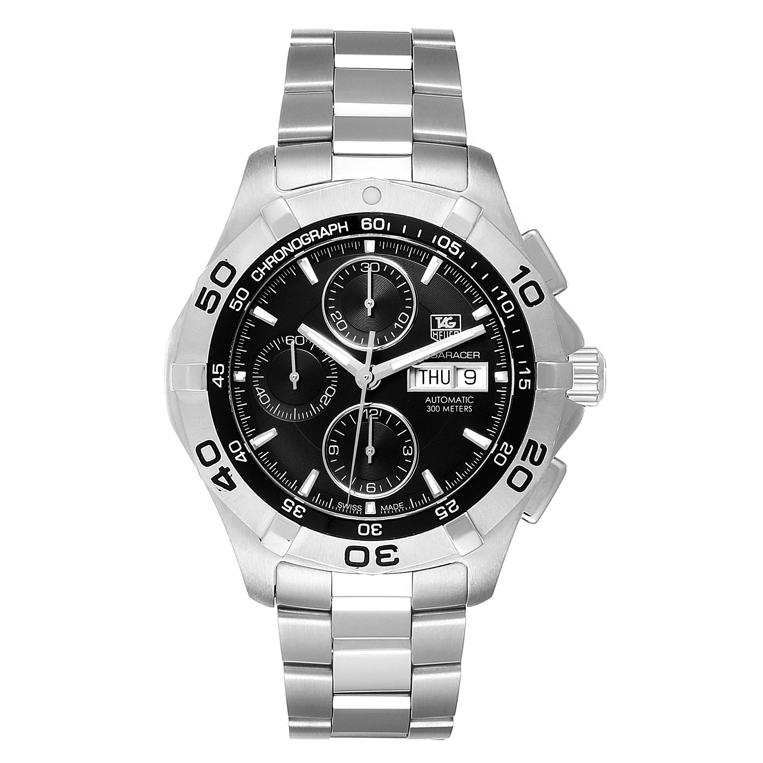 The Tag Heuer Aquaracer CAF2010.BA0815 Men's Stainless Steel Black Dial CAF2010.BA0815 Men's Stainless Steel Black Dial watch is shown from a top-down angle, displaying its black dial, chronograph subdials, bezel, and stainless steel bracelet.