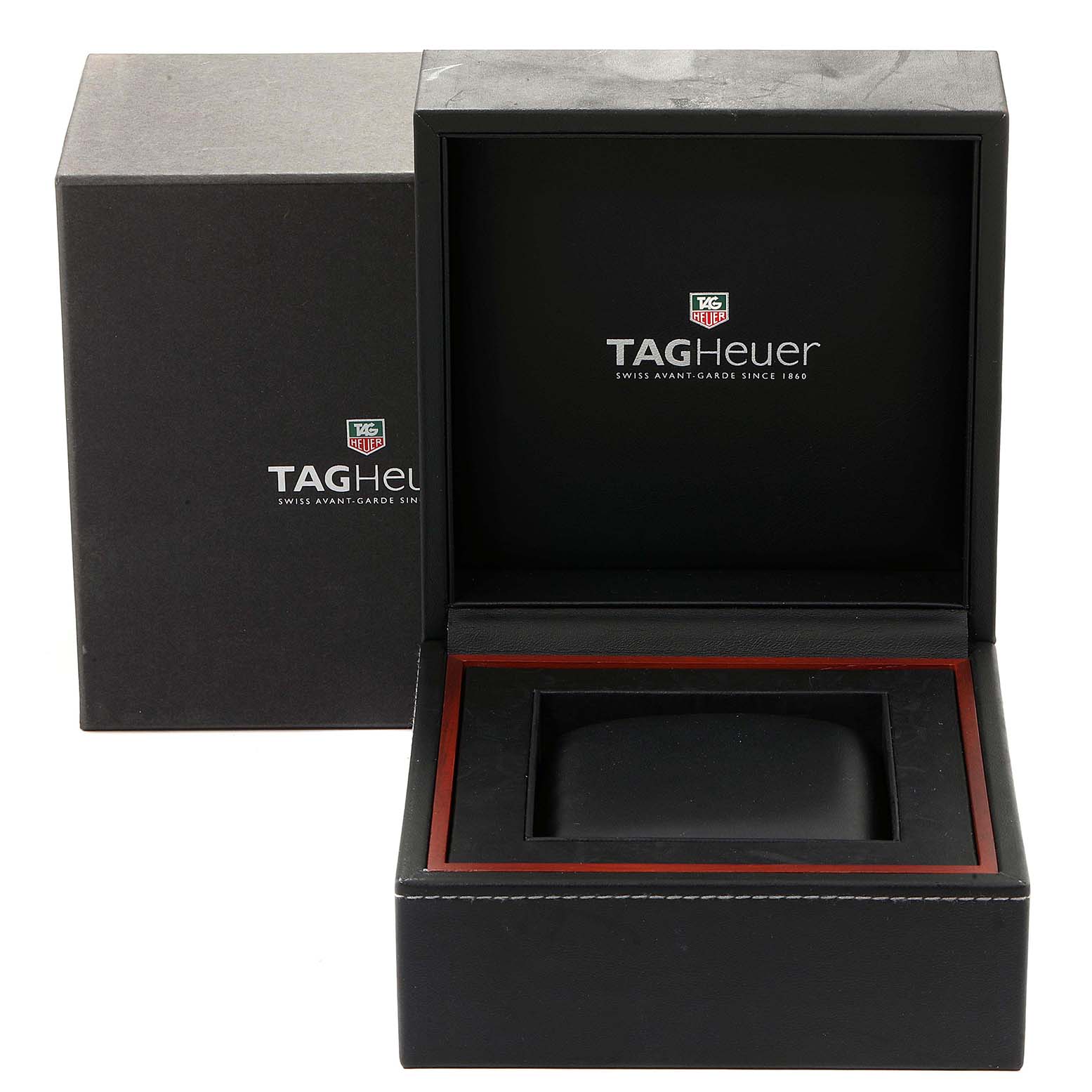 This image shows the packaging box for the Tag Heuer Aquaracer CAF2010.BA0815 Men's Stainless Steel Black Dial CAF2010.BA0815 Men's Stainless Steel Black Dial model, including its interior cushion and external box.