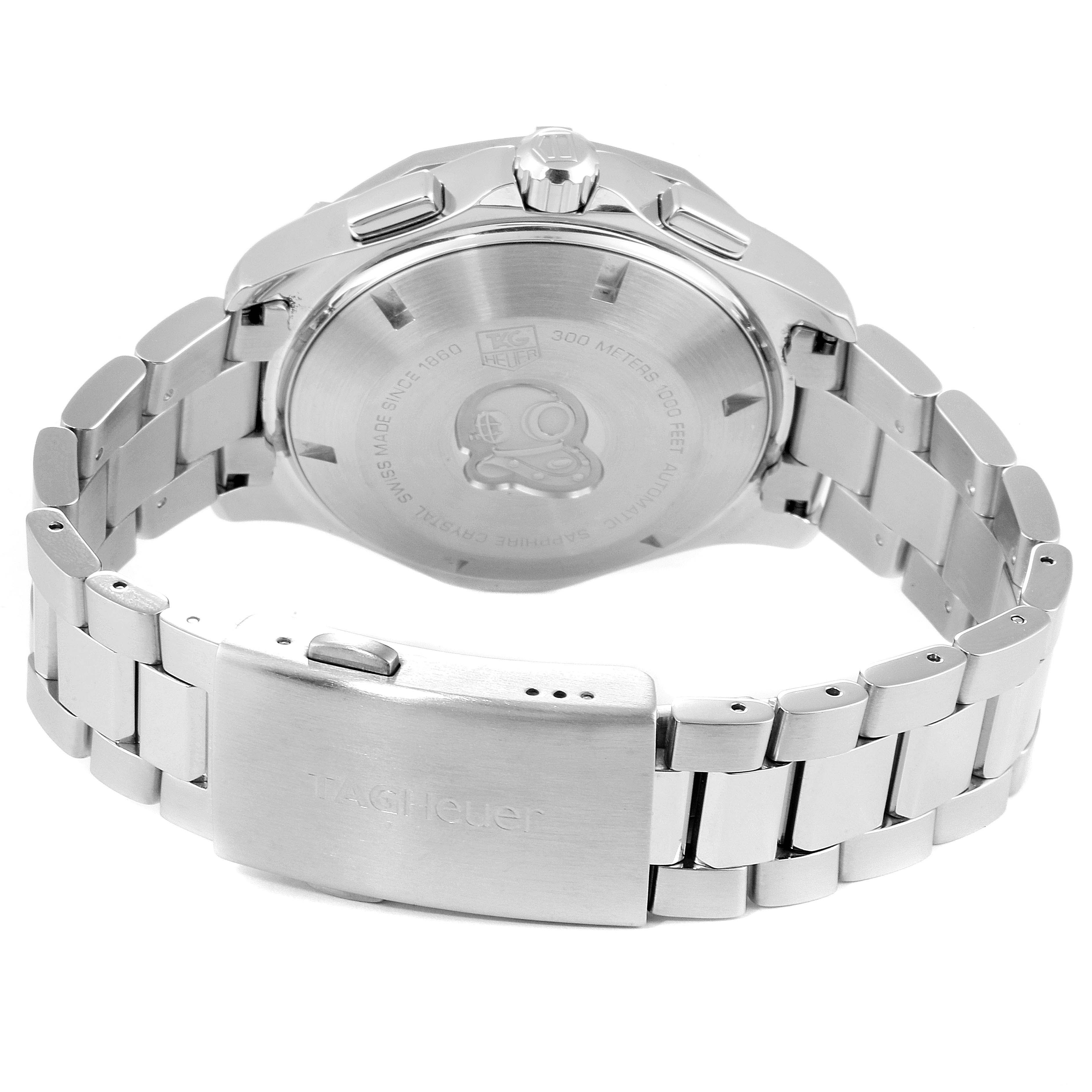 This image shows the back of the Tag Heuer Aquaracer CAF2010.BA0815 Men's Stainless Steel Black Dial CAF2010.BA0815 Men's Stainless Steel Black Dial watch, highlighting the case back, crown, and metal bracelet.