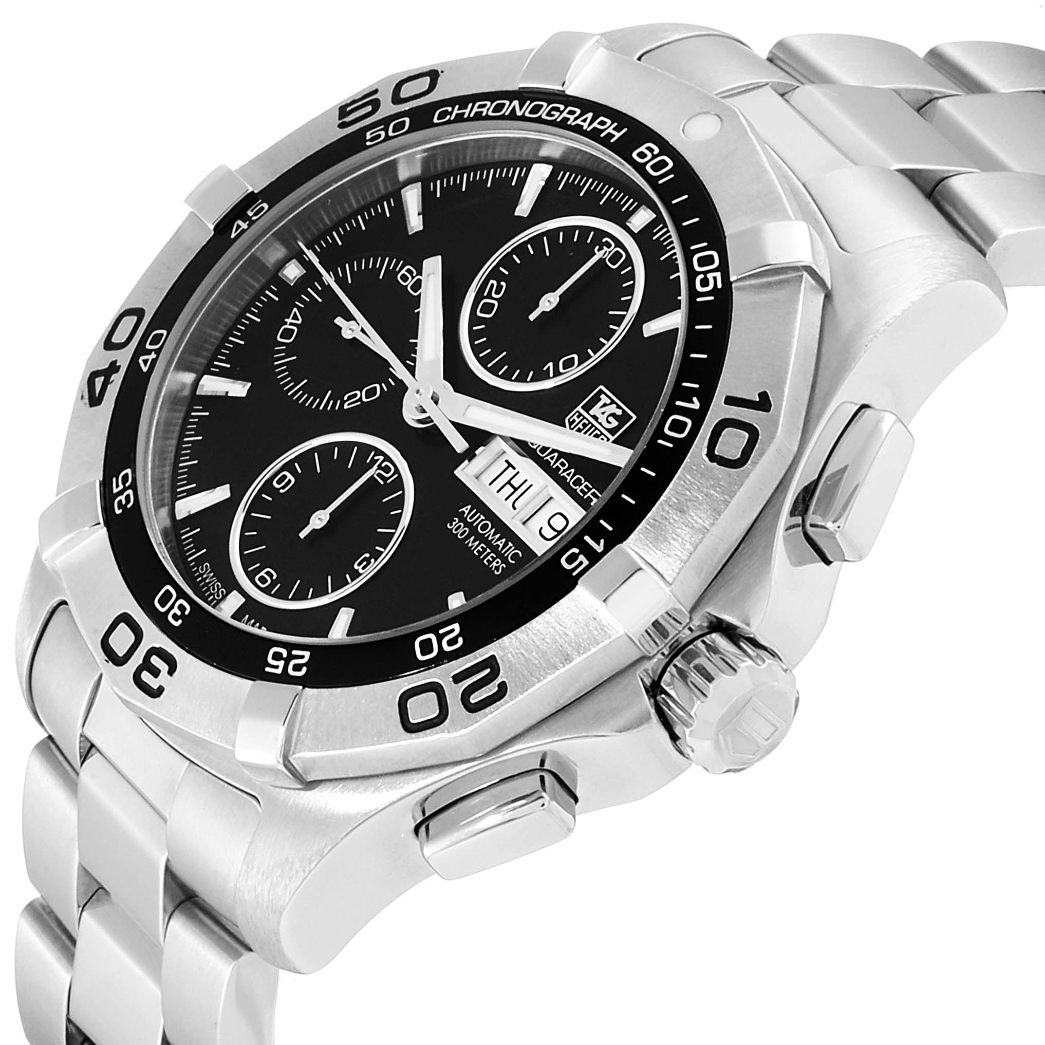 The image shows a side angle of the Tag Heuer Aquaracer CAF2010.BA0815 Men's Stainless Steel Black Dial CAF2010.BA0815 Men's Stainless Steel Black Dial watch, highlighting its black dial, bezel, chronograph subdials, crown, and bracelet.