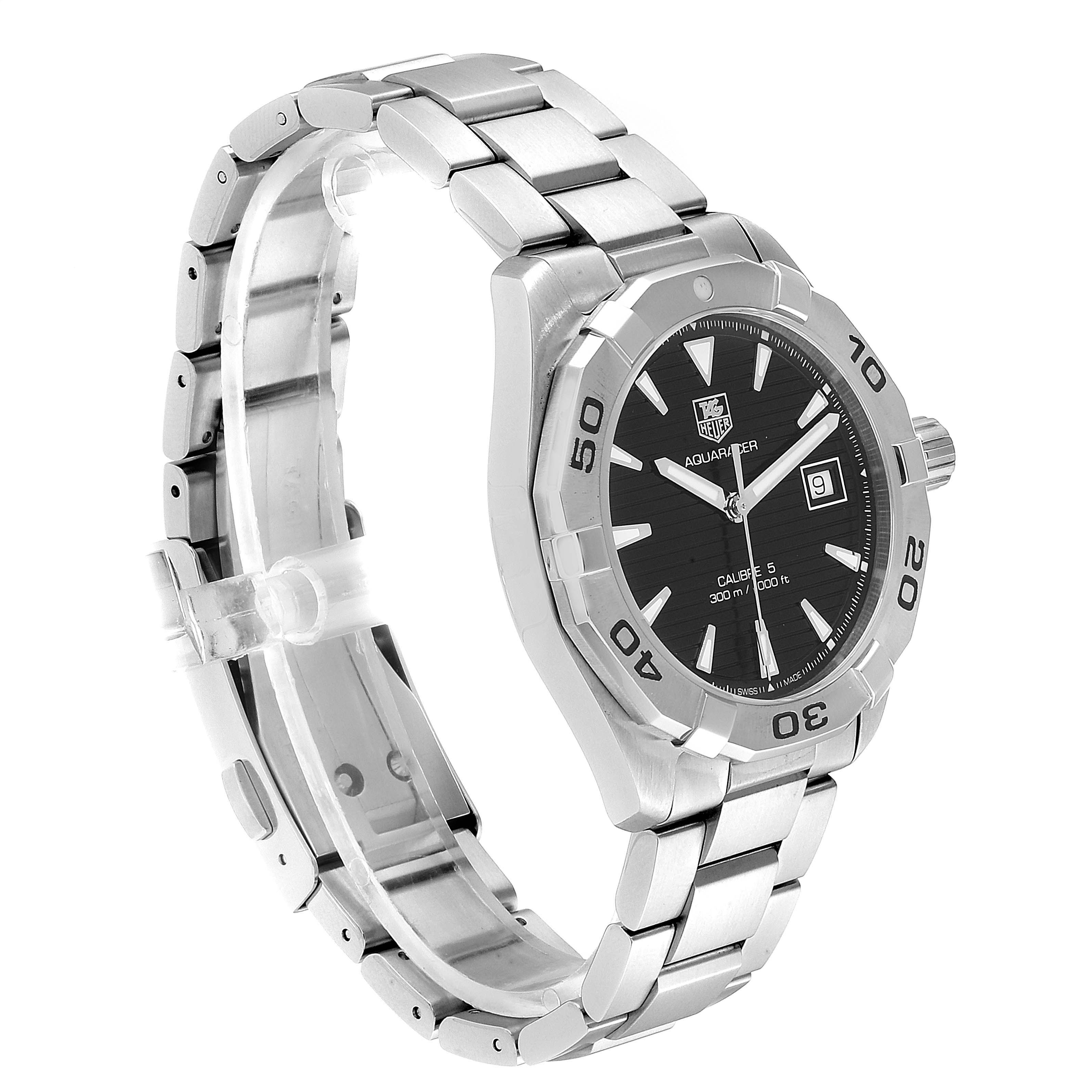 The Tag Heuer Aquaracer WAY2110.BA0928 Men's Stainless Steel Black Dial WAY2110.BA0928 Men's Stainless Steel Black Dial watch is shown at a three-quarter angle, highlighting its stainless steel bracelet, bezel, and black dial.