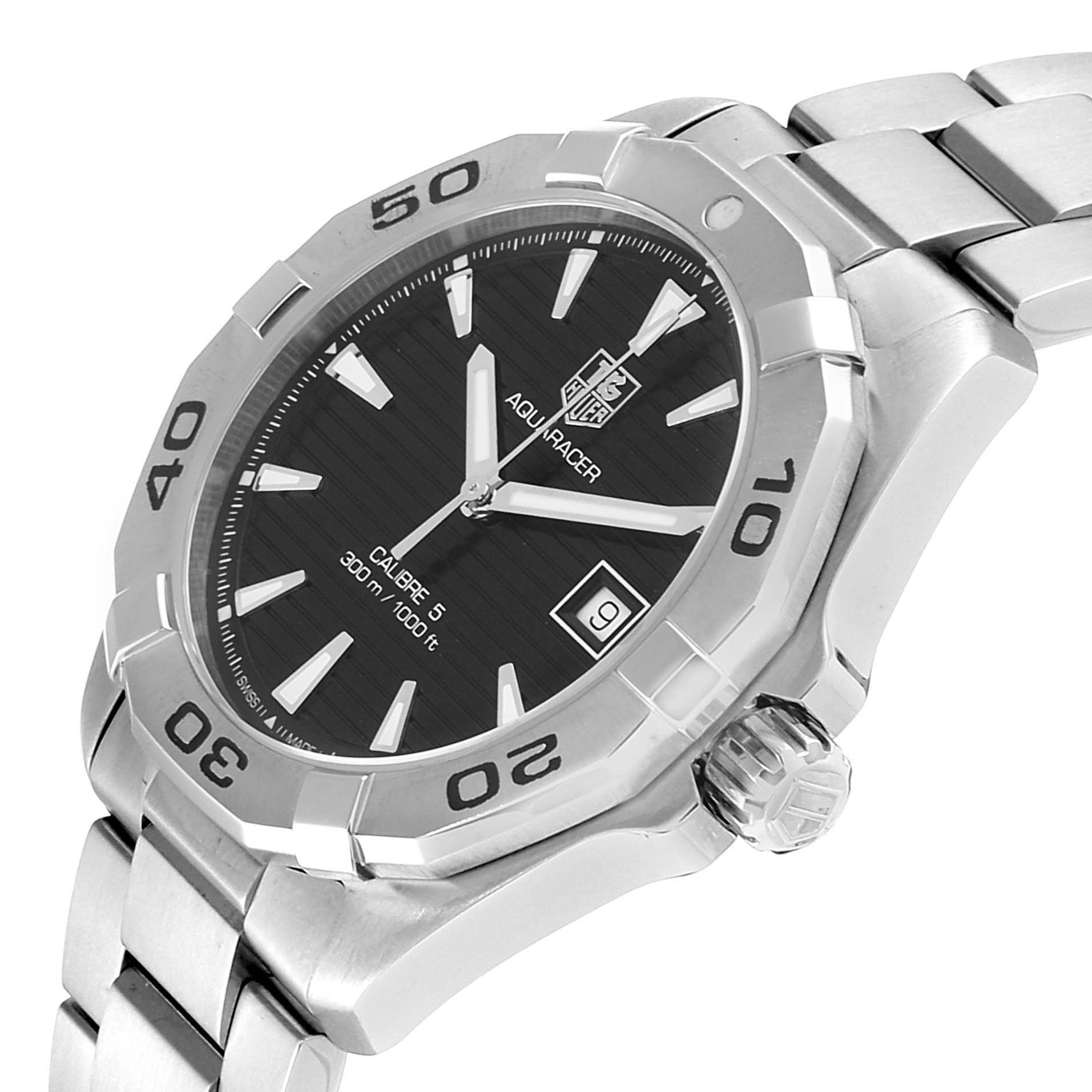 The image shows a close-up side angle of a Tag Heuer Aquaracer WAY2110.BA0928 Men's Stainless Steel Black Dial WAY2110.BA0928 Men's Stainless Steel Black Dial watch, highlighting the face, bezel, and part of the bracelet.