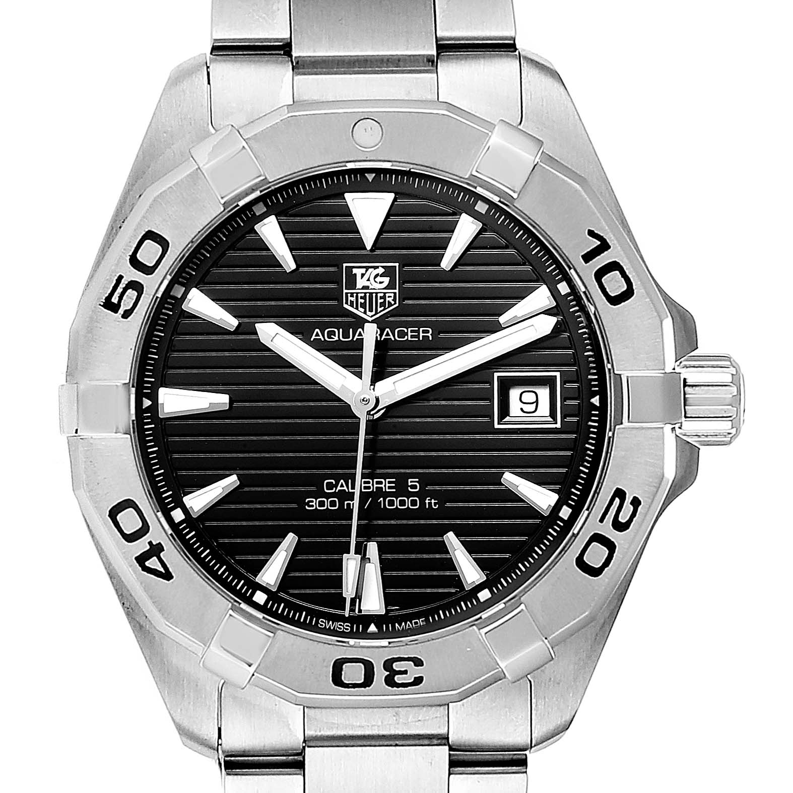 The image shows a front view of a Tag Heuer Aquaracer WAY2110.BA0928 Men's Stainless Steel Black Dial WAY2110.BA0928 Men's Stainless Steel Black Dial watch, highlighting the bezel, dial, hands, and date window.