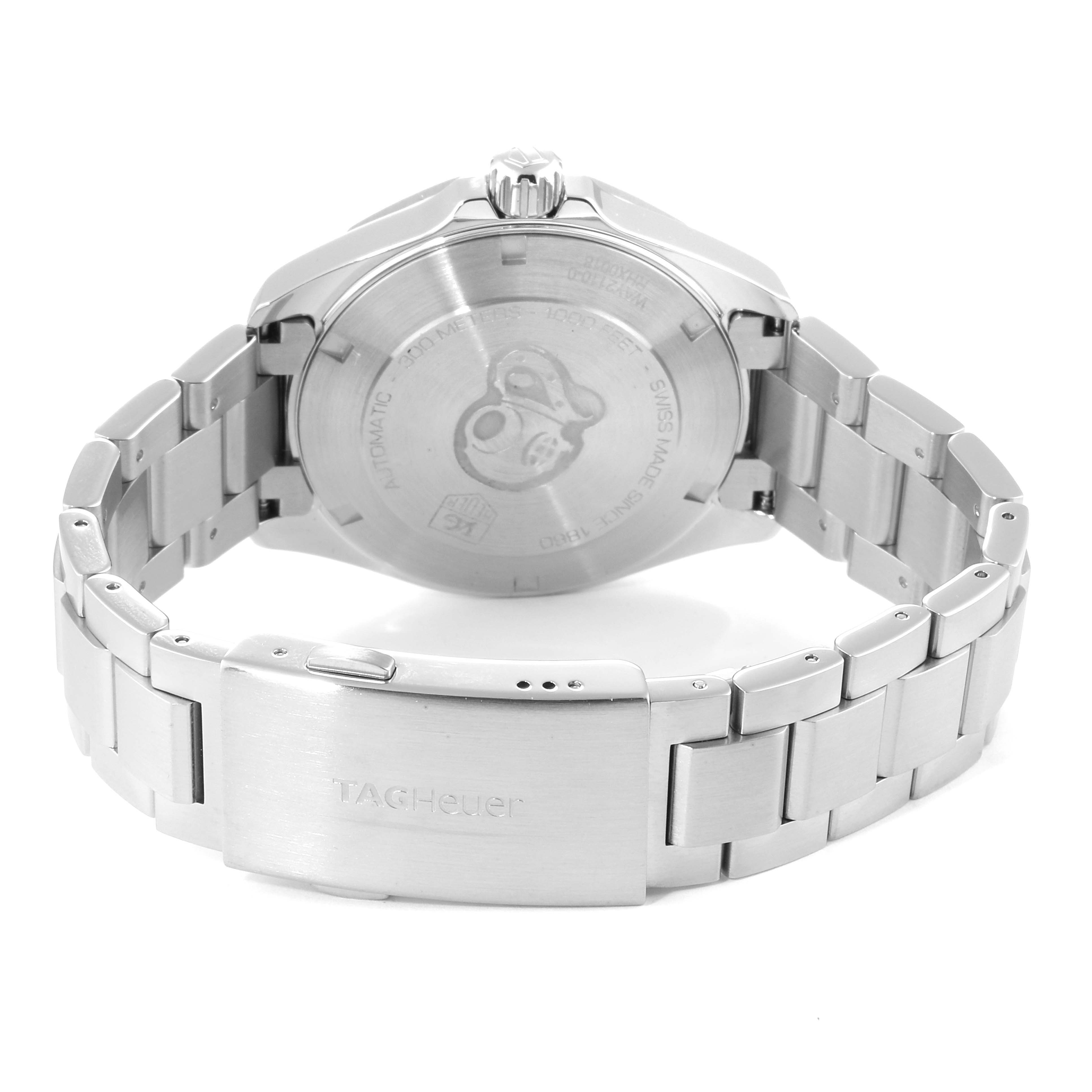 The image shows the back view of a Tag Heuer Aquaracer WAY2110.BA0928 Men's Stainless Steel Black Dial WAY2110.BA0928 Men's Stainless Steel Black Dial watch showcasing its case back and stainless steel bracelet.