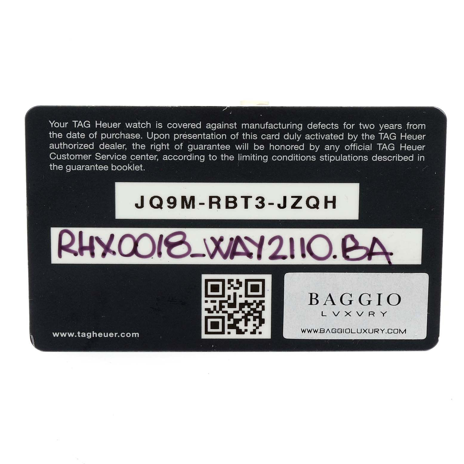 The image shows the warranty card for a Tag Heuer Aquaracer WAY2110.BA0928 Men's Stainless Steel Black Dial WAY2110.BA0928 Men's Stainless Steel Black Dial watch, displaying the warranty conditions and serial number.